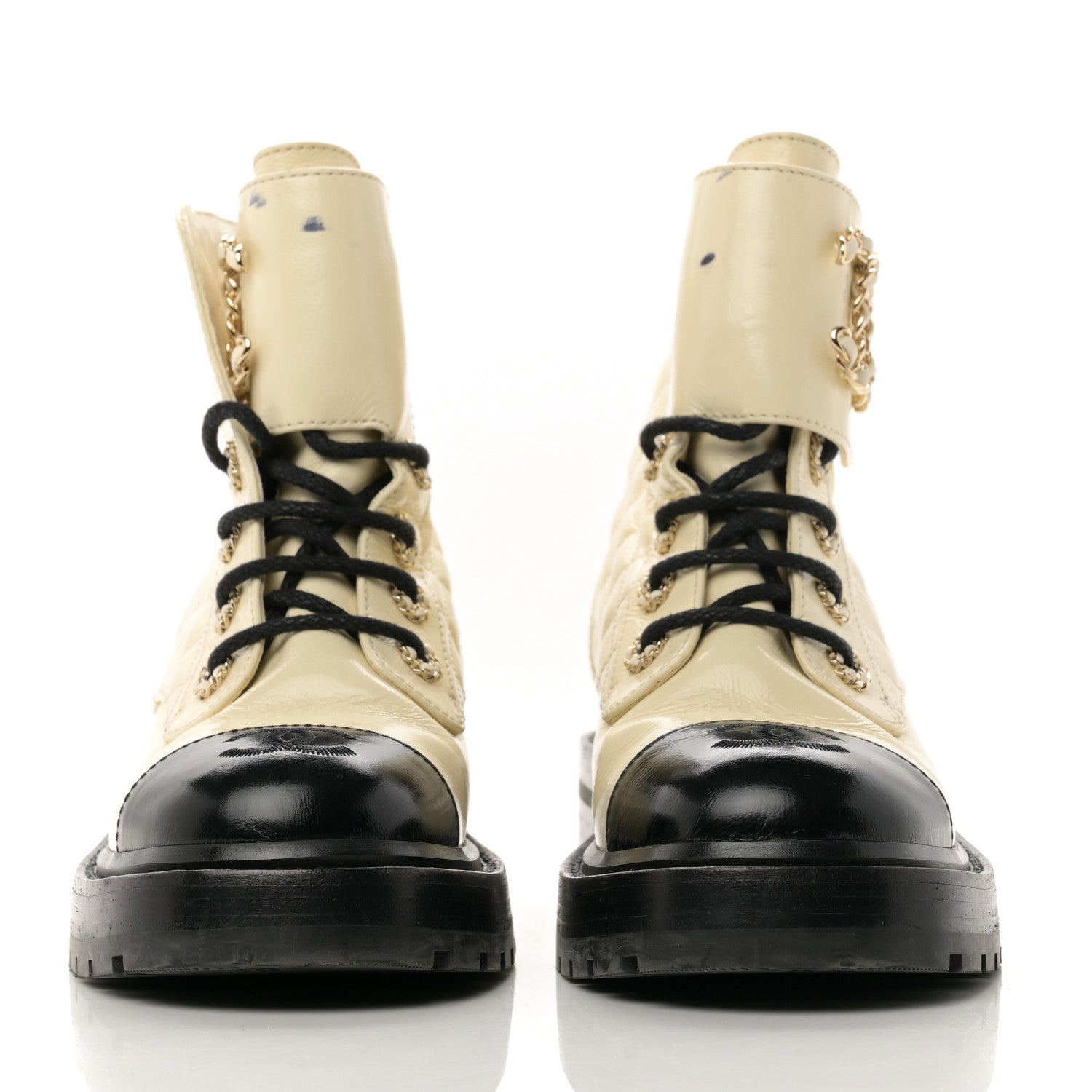 Chanel Shiny Goatskin Calfskin Quilted Lace Up Combat Boots 36 Ivory Black 3 of 10