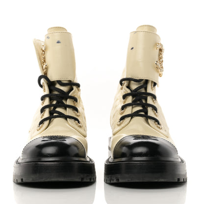 Chanel Shiny Goatskin Calfskin Quilted Lace Up Combat Boots 36 Ivory Black 3 of 10