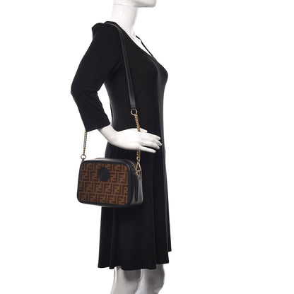 Fendi Glazed Fabric Vitello Century FF 1974 Stamp Patch Camera Case Mogano Panna Black 2 of 9