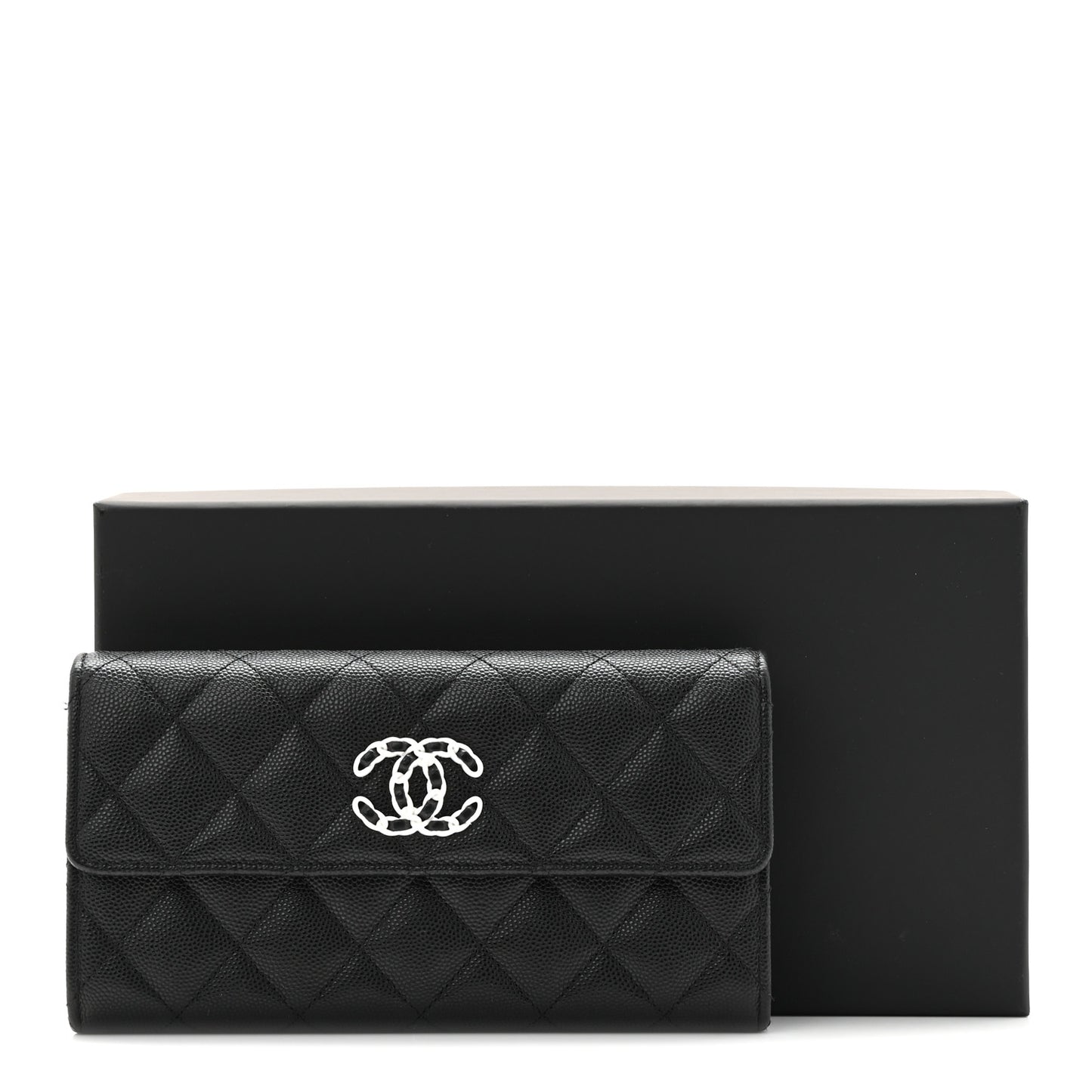 Caviar Quilted Chanel 19 Flap Wallet Black White