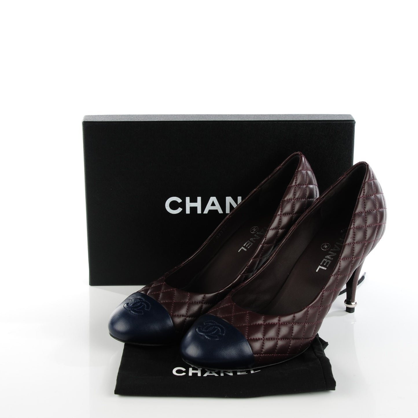 Lambskin Quilted Cap Toe Pumps 42 Burgundy Navy