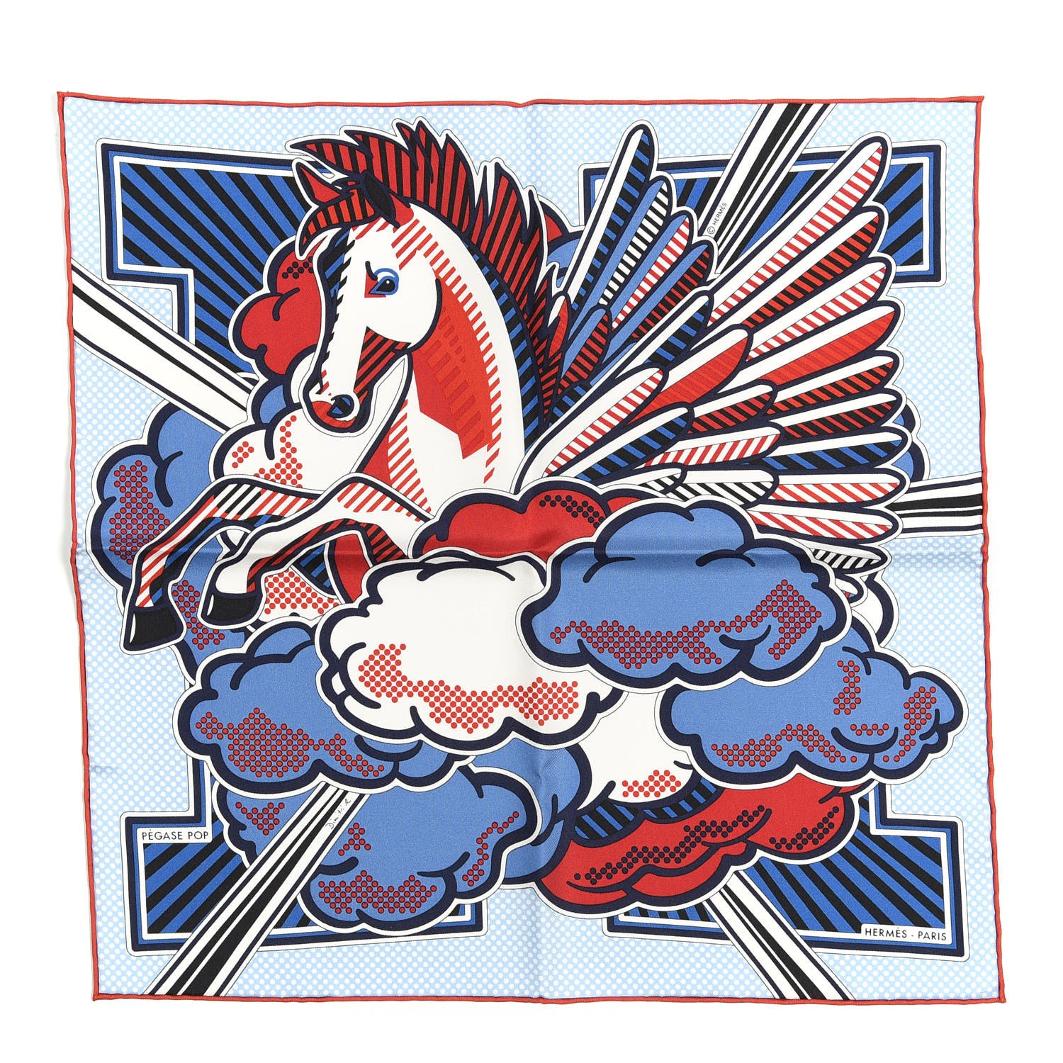 Hermes Silk Pegase Pop Pocket Square Ciel Rouge Bleu Moyen 1 of 6