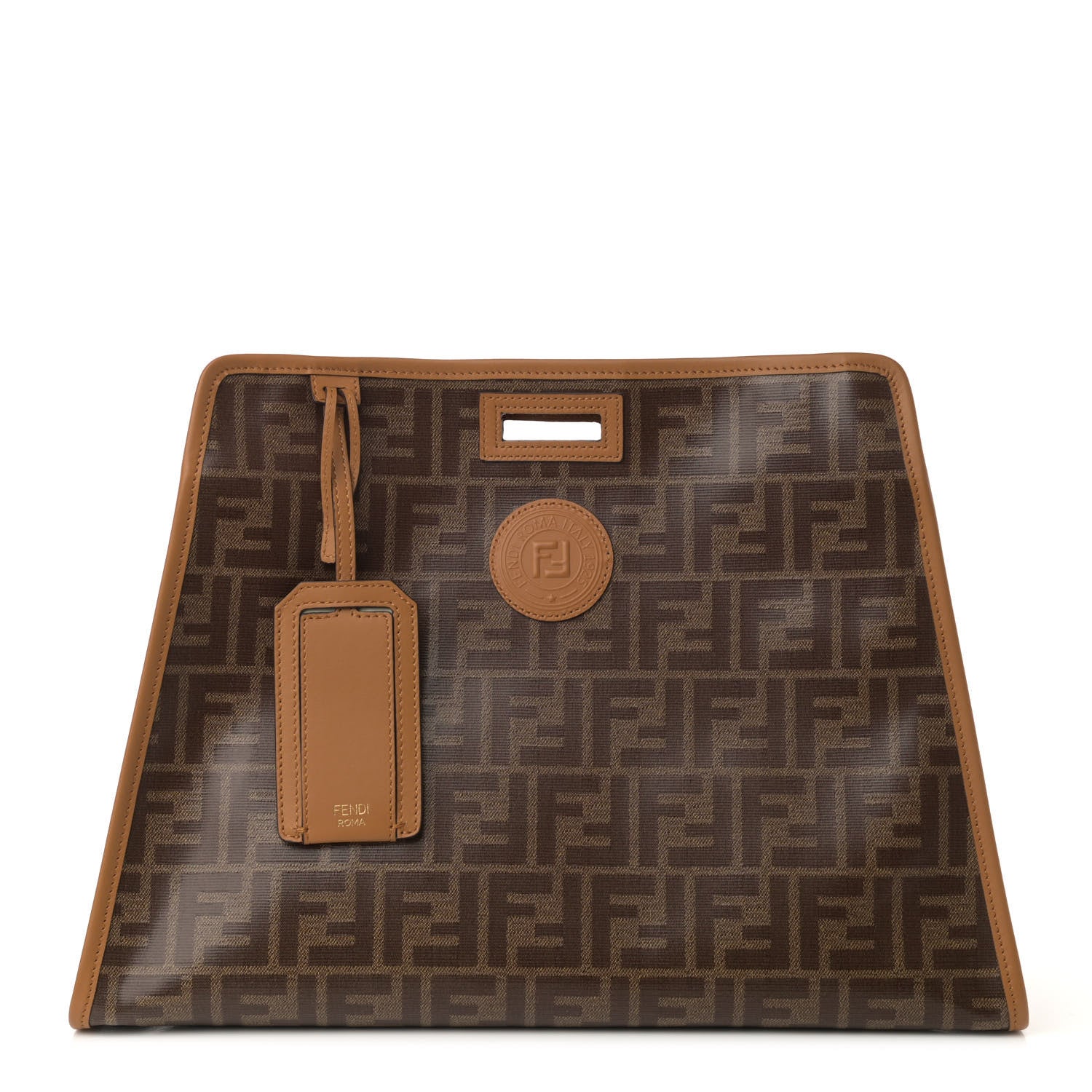 Fendi Glazed Fabric Vitello Century FF 1974 Stamp Patch Medium Peekaboo Defender Cover Mogano Panna Caramello 1 of 11