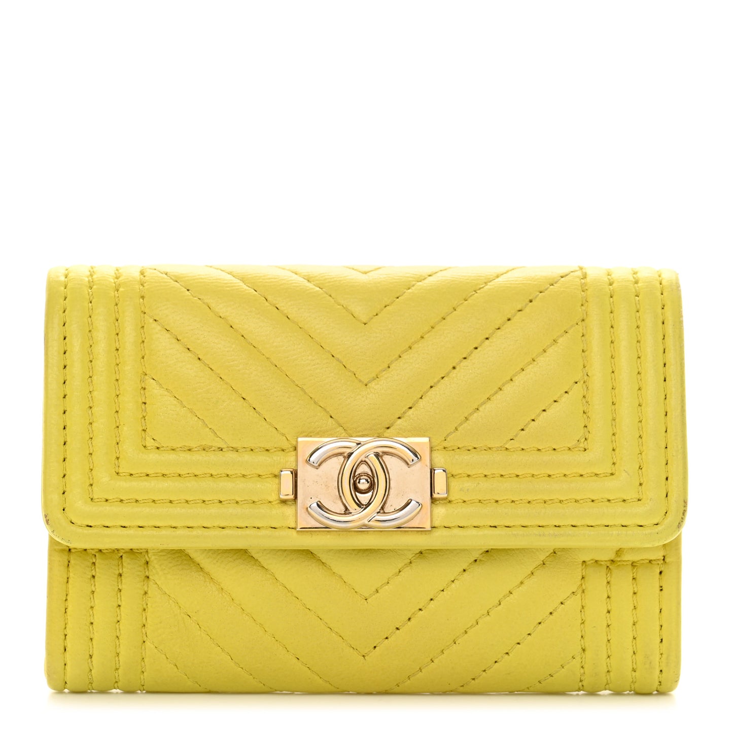 Lambskin Chevron Quilted Boy Flap Card Holder Yellow