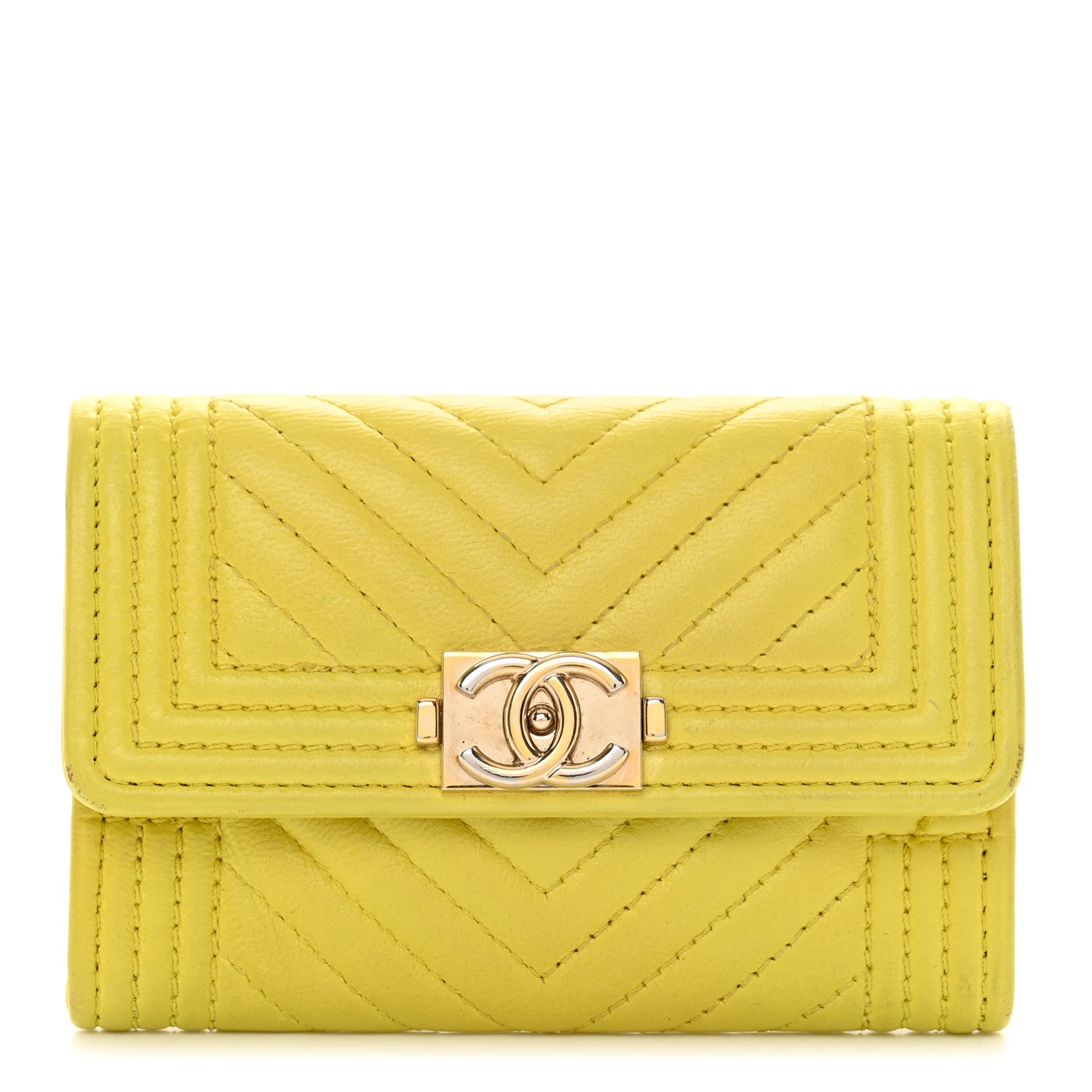 Chanel Lambskin Chevron Quilted Boy Flap Card Holder Yellow 1 of 10