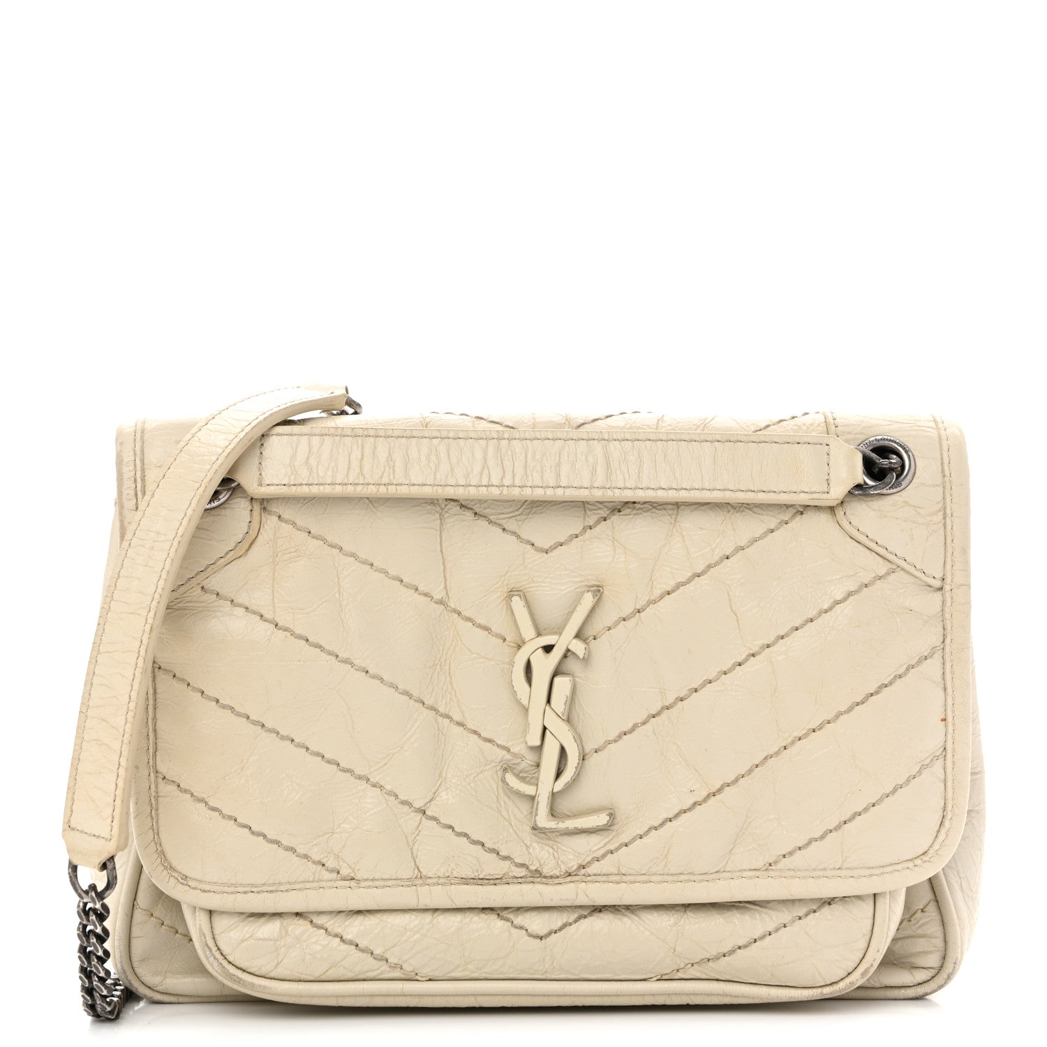 Saint Laurent Crinkled Calfskin Matelasse Monogram Baby Niki Chain Satchel White 1 of 16