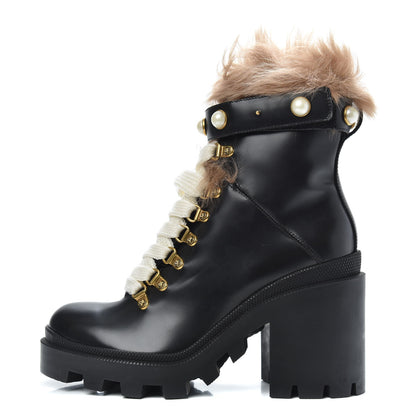Gucci Magnum Calfskin Fur Pearl Lace Up Combat Ankle Boots 37 Black Naturale 1 of 10