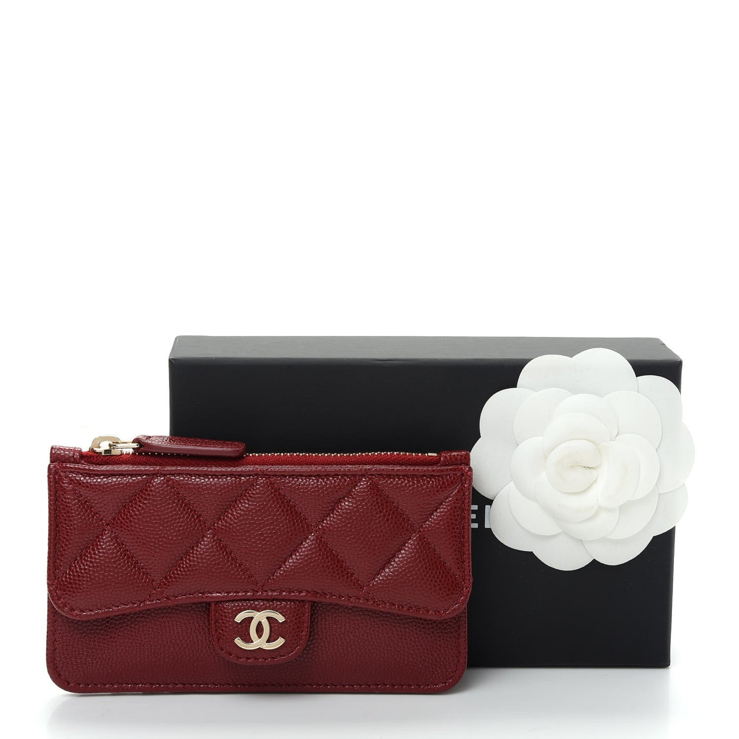 Caviar Quilted Flap Zip Card Holder Dark Red