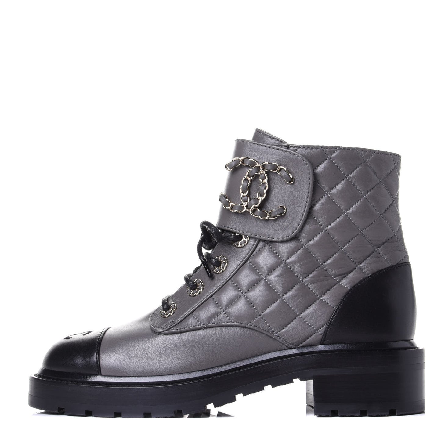 Shiny Lambskin Quilted Lace Up Combat Boots 38.5 Grey Black