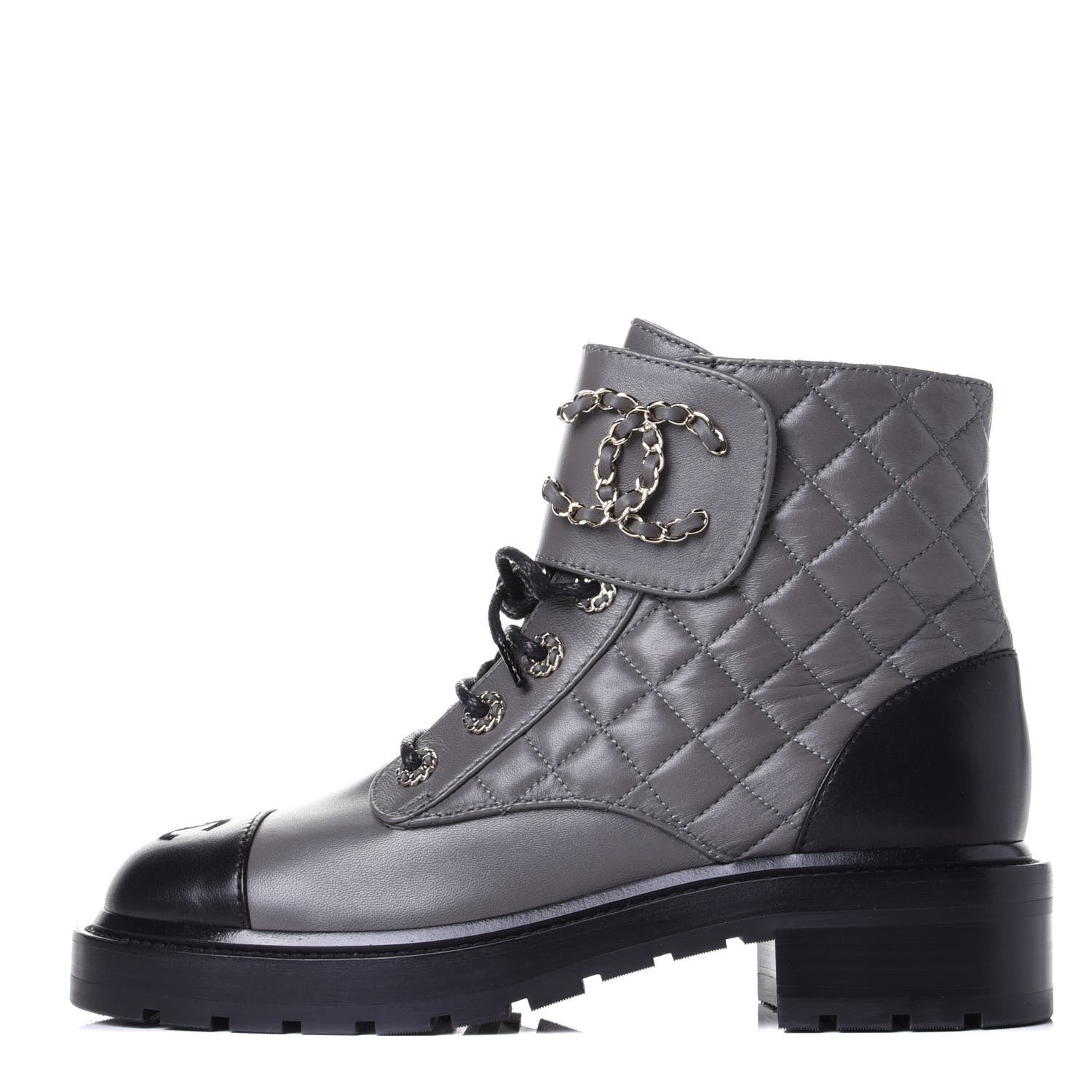 Chanel Shiny Lambskin Quilted Lace Up Combat Boots 38.5 Grey Black 1 of 11