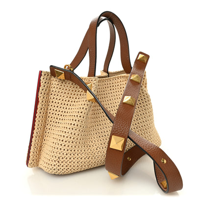 Valentino Garavani Raffia Grained Calfskin Small Rockstud Vlogo Tote Naturale 3 of 14