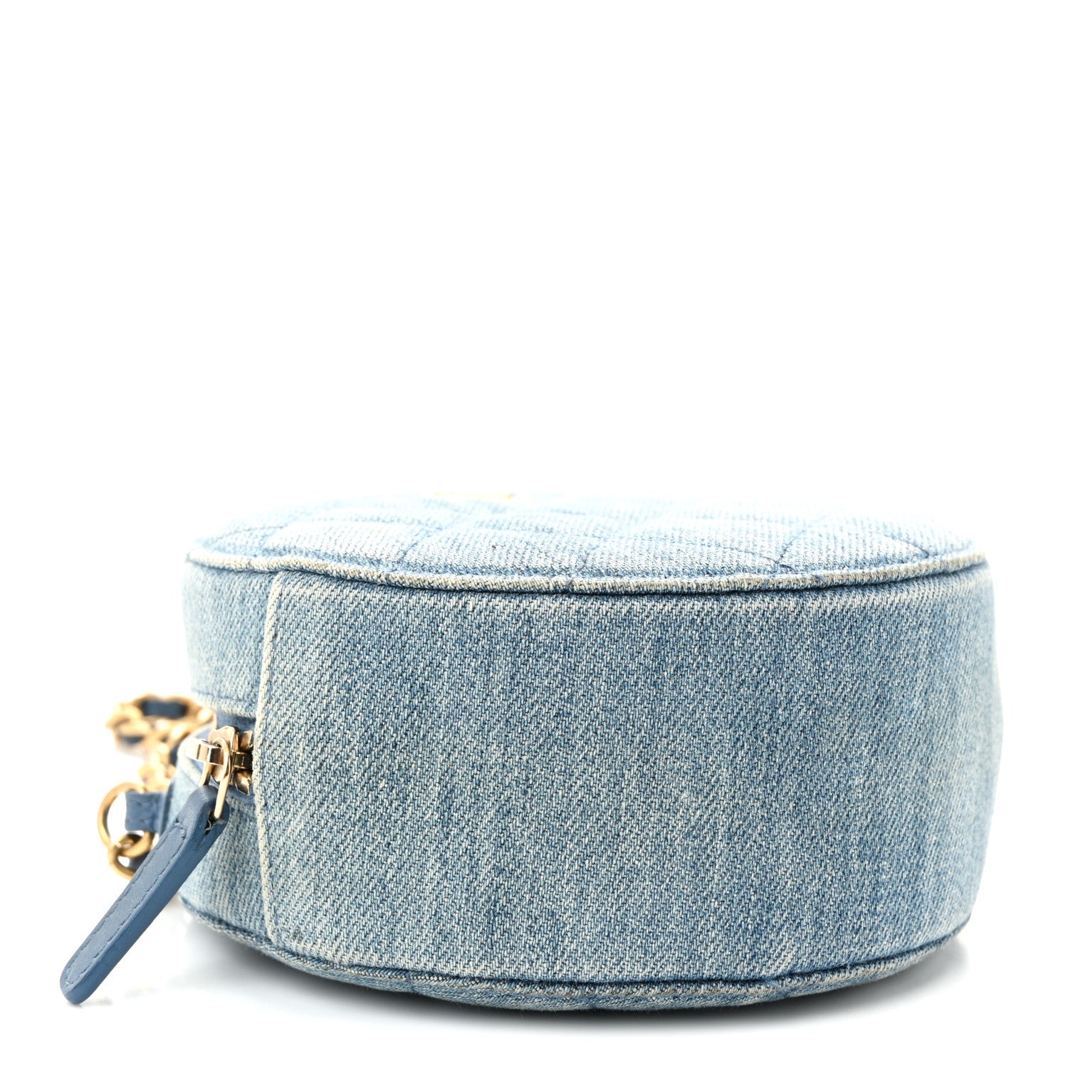 Chanel Denim Quilted Round Pearl Crush Clutch With Chain Blue
