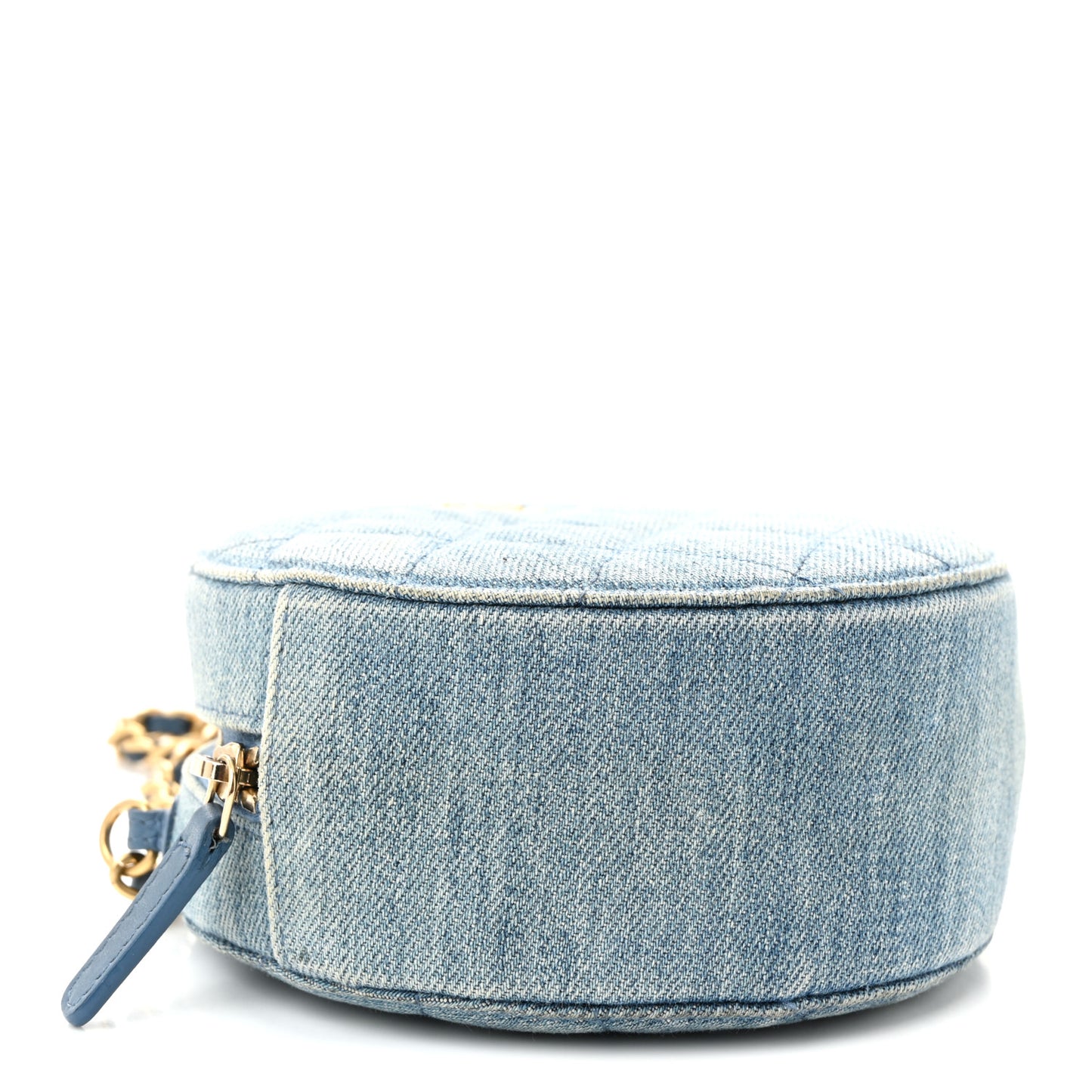 Denim Quilted Round Pearl Crush Clutch With Chain Blue