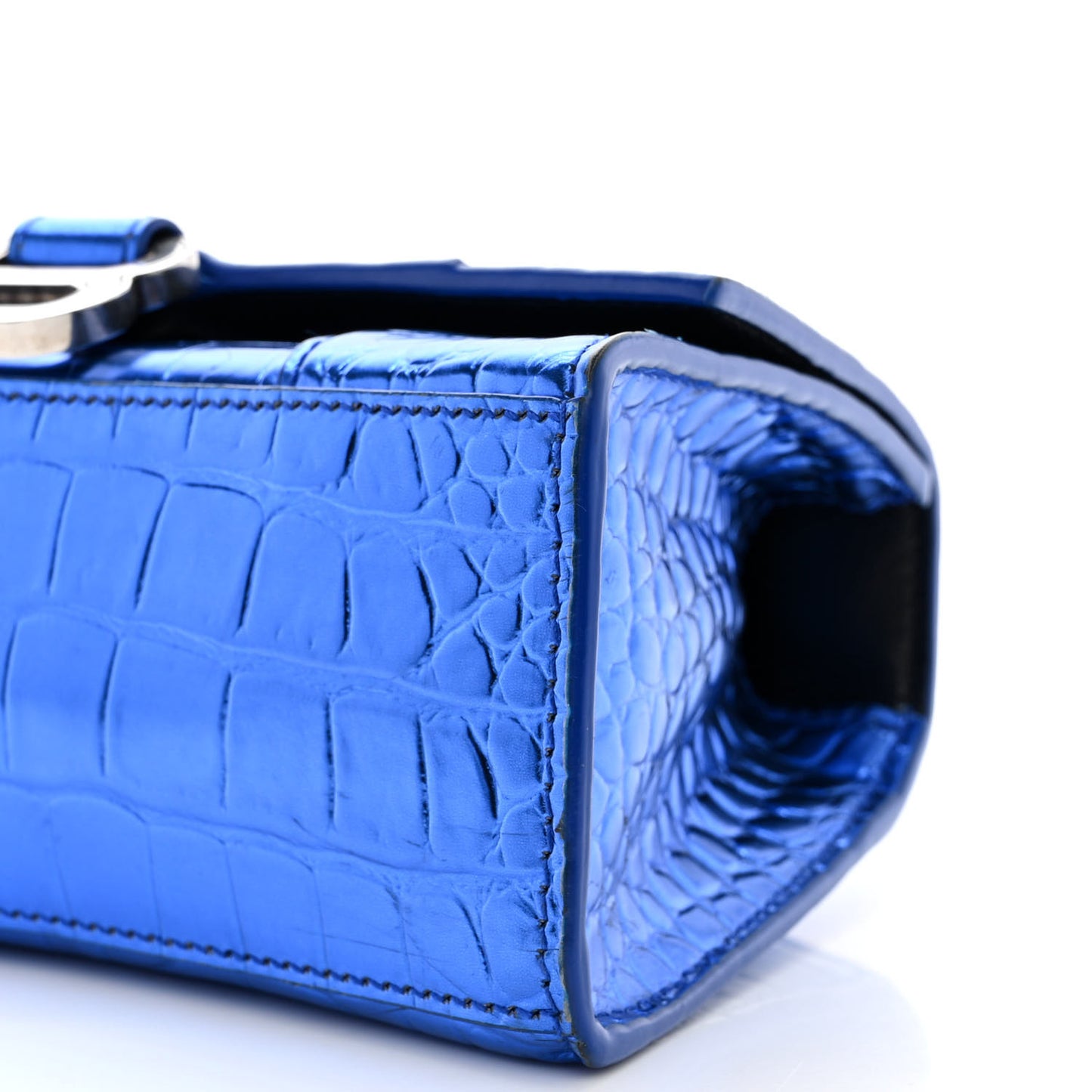 Metallic Shiny Calfskin Crocodile Embossed Hourglass Top Handle Bag XS Royal Blue
