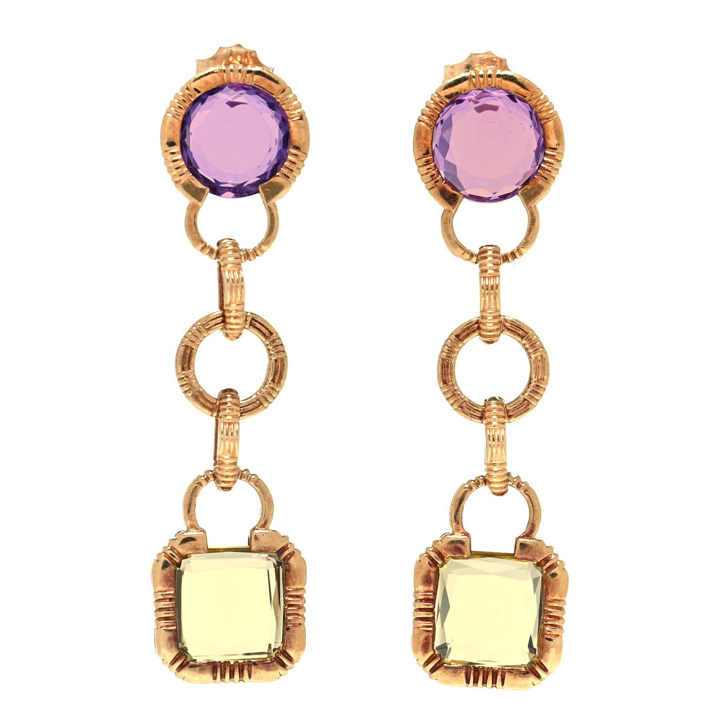 18K Yellow Gold Amethyst Prasiolite Drop Earrings