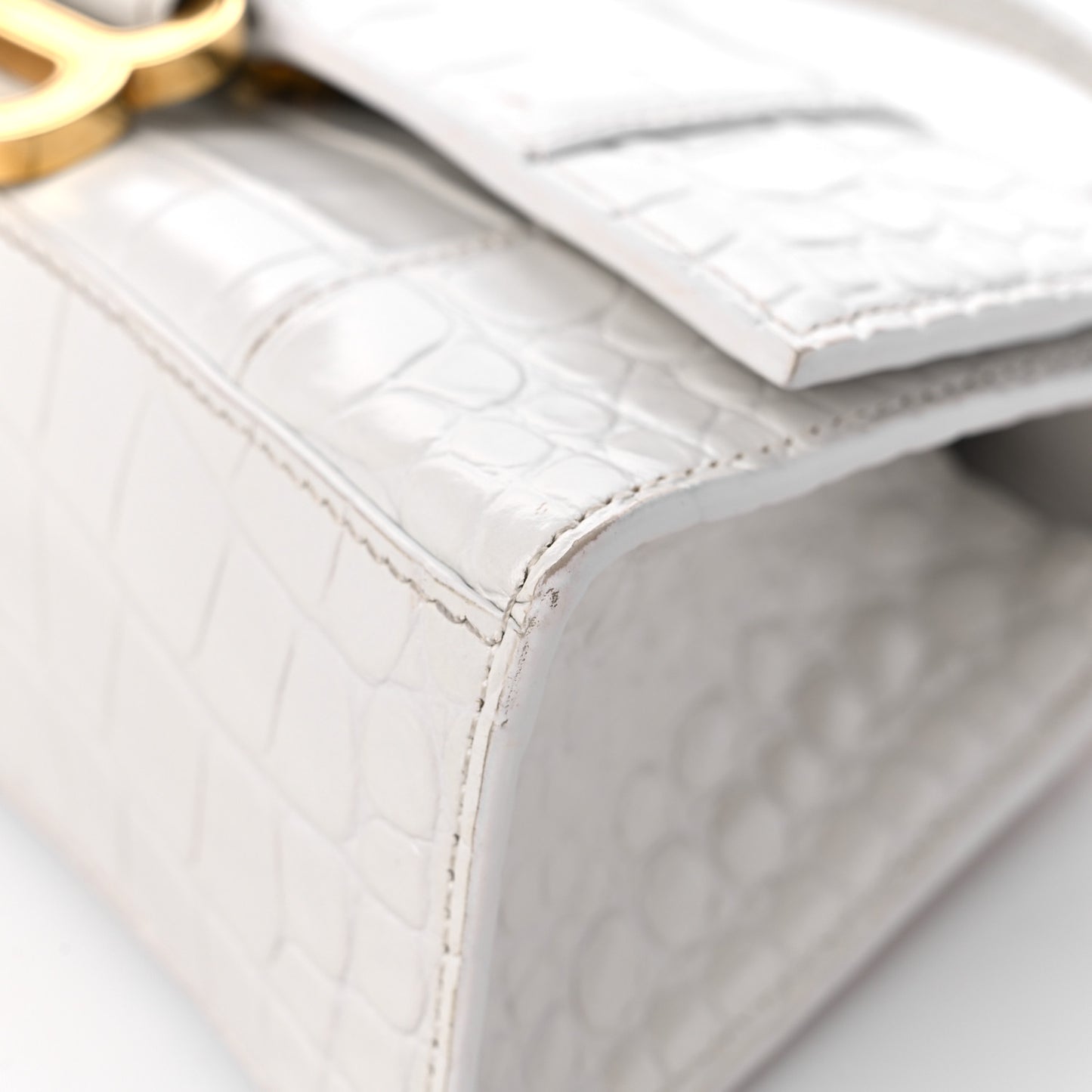 Shiny Calfskin Crocodile Embossed Hourglass Top Handle Bag XS White