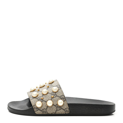 Gucci GG Supreme Monogram Pearls Slide Sandals 38 Beige 1 of 9