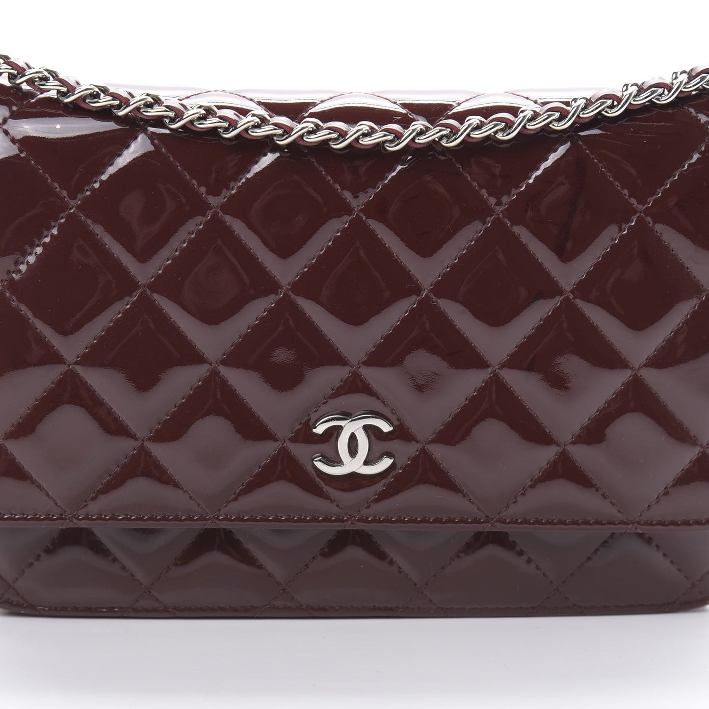 Patent Quilted Wallet On Chain WOC Burgundy