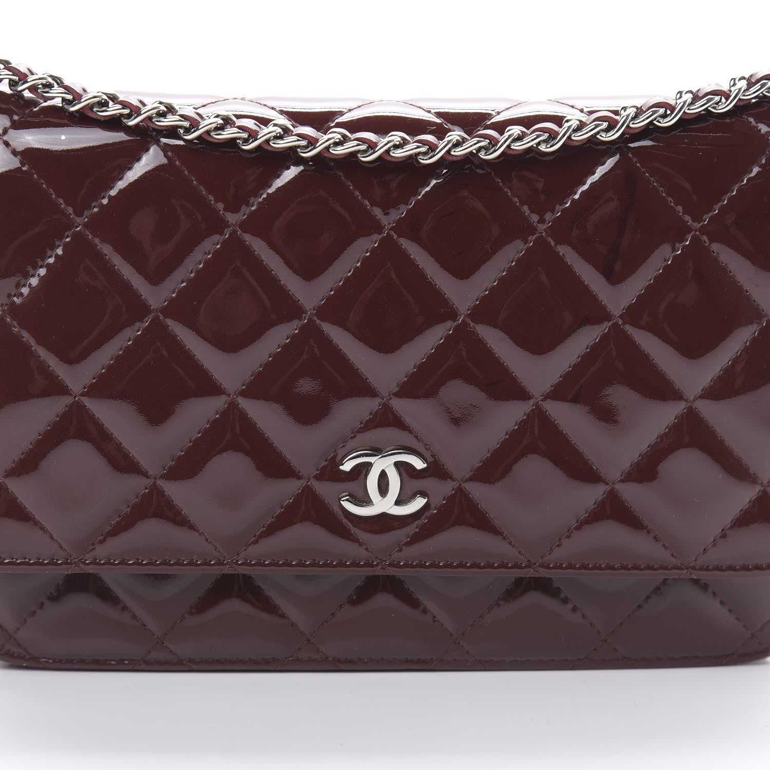 Chanel Patent Quilted Wallet On Chain WOC Burgundy 9 of 15