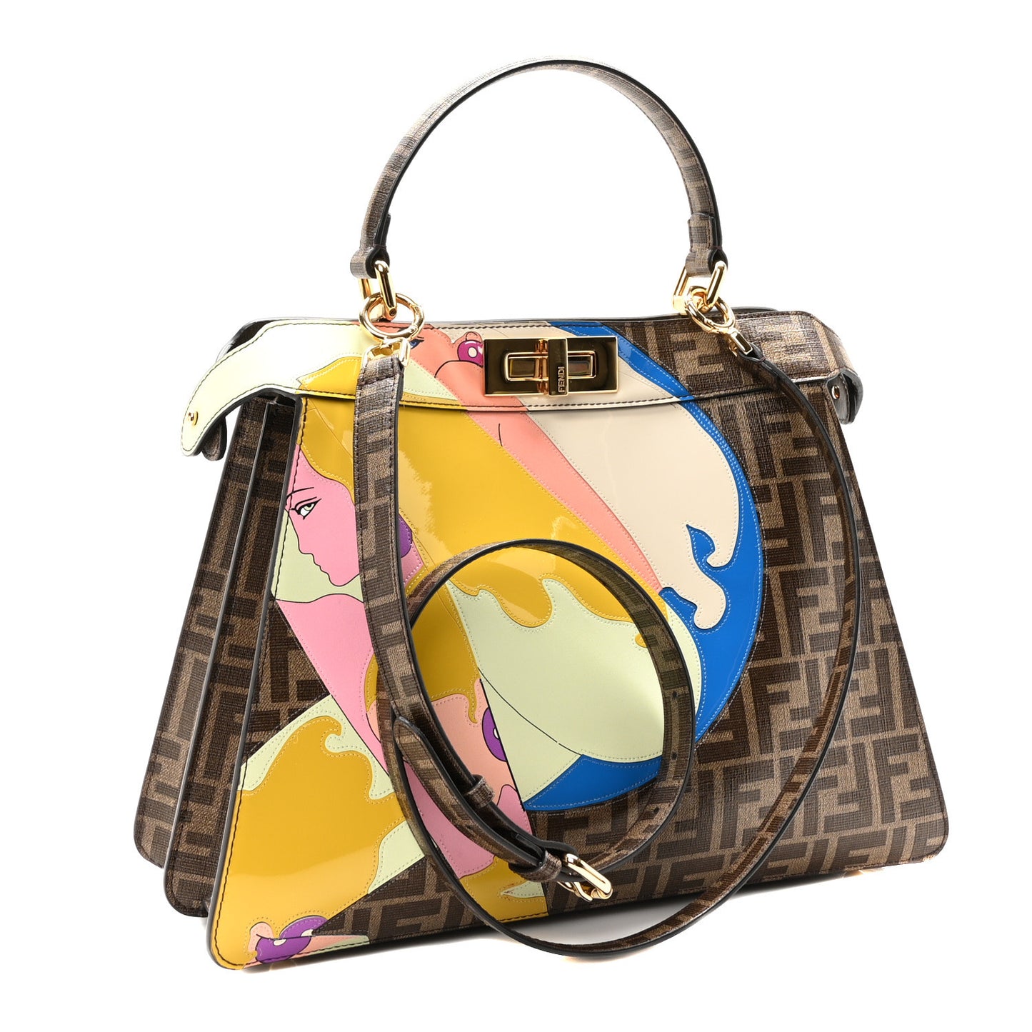 Glazed Fabric Vitello FF 1974 Hairdo Girls Inlay Medium Peekaboo Iconic Satchel Mogano Panna Multicolor