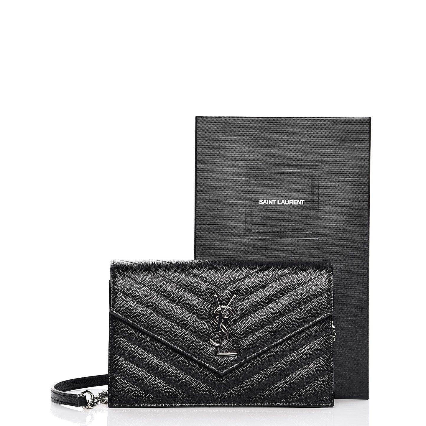 Grain De Poudre Matelasse Chevron Monogram Envelope Chain Wallet Black