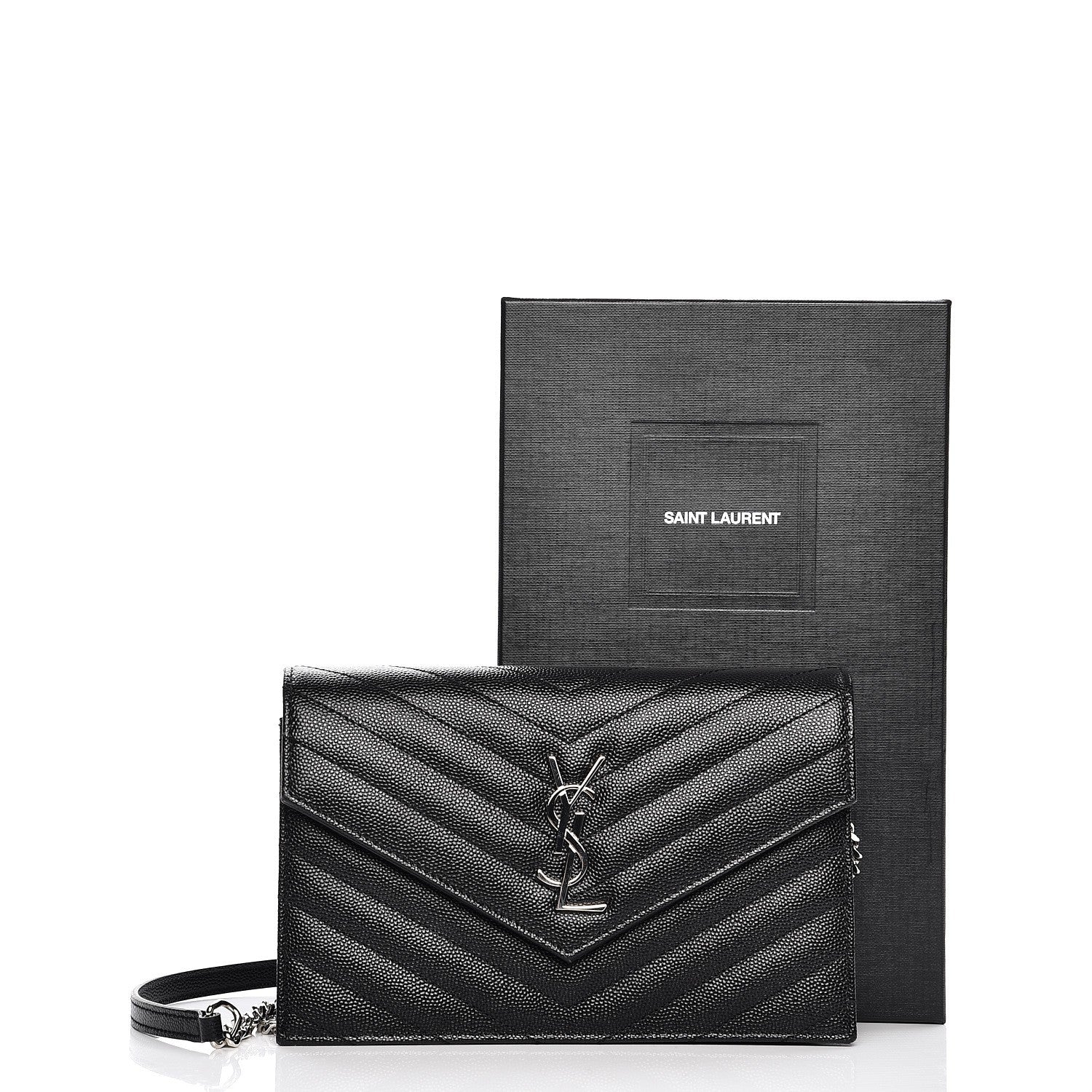 Saint Laurent Grain De Poudre Matelasse Chevron Monogram Envelope Chain Wallet Black 10 of 10