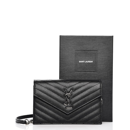 Saint Laurent Grain De Poudre Matelasse Chevron Monogram Envelope Chain Wallet Black 10 of 10