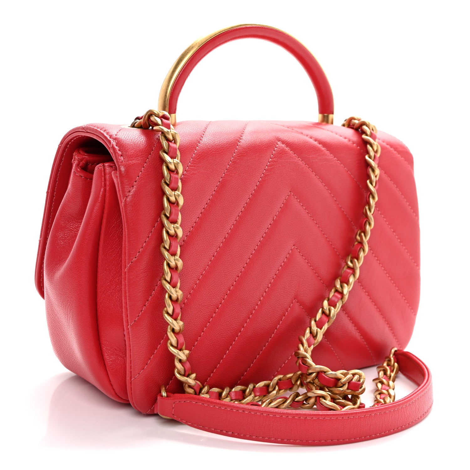 Chanel Lambskin Chevron Quilted Gold Top Handle Flap Bag Red 3 of 10