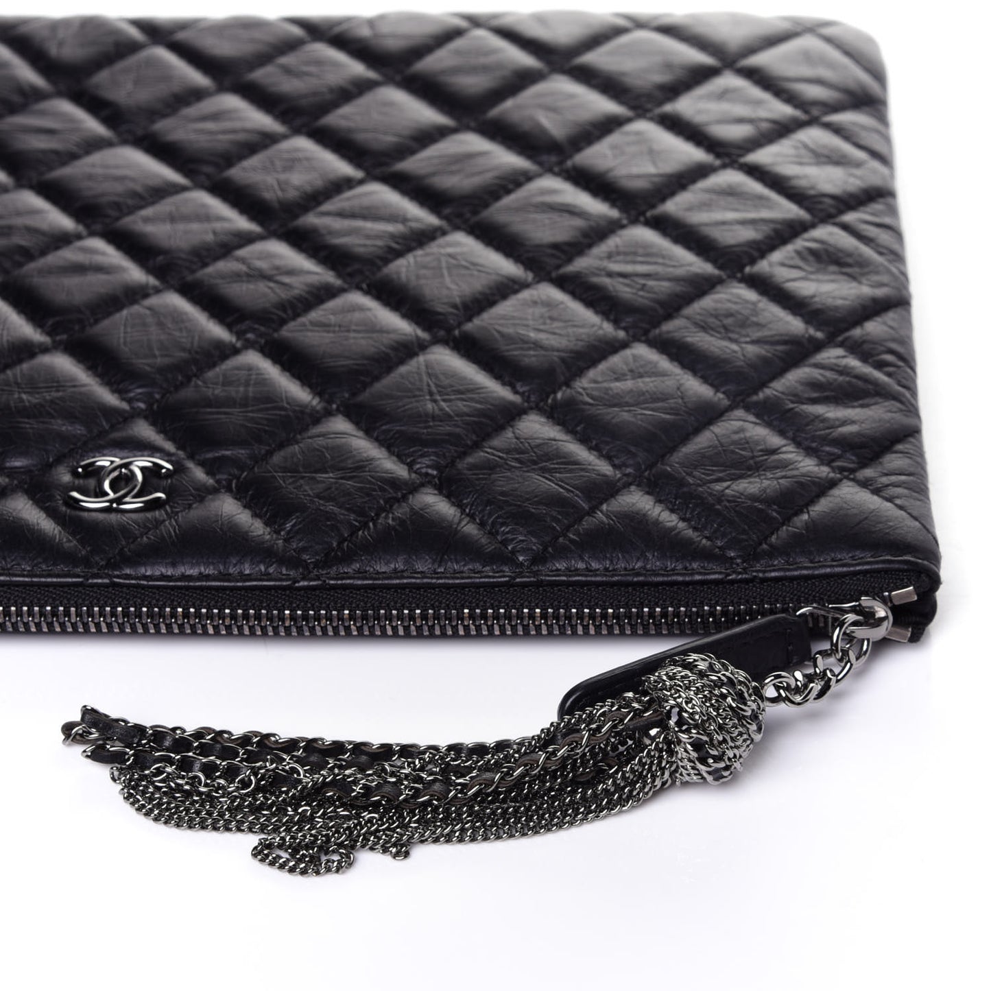 Aged Calfskin Quilted Medium Tassel Cosmetic Case Black