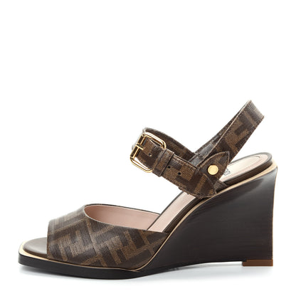 Fendi Glazed Fabric FF Wedge Sandals 36 Tobacco Moro 1 of 9