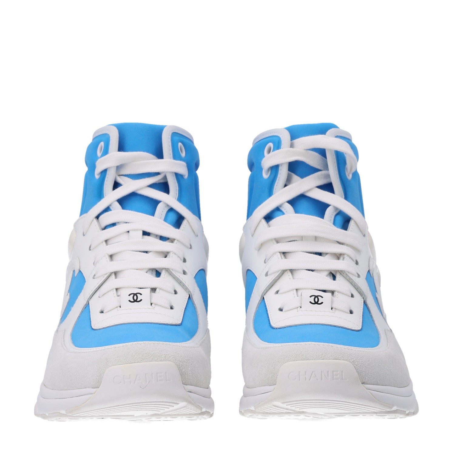 Chanel Suede Calfskin Lambskin High Top CC Sneakers 37.5 White Blue 3 of 11