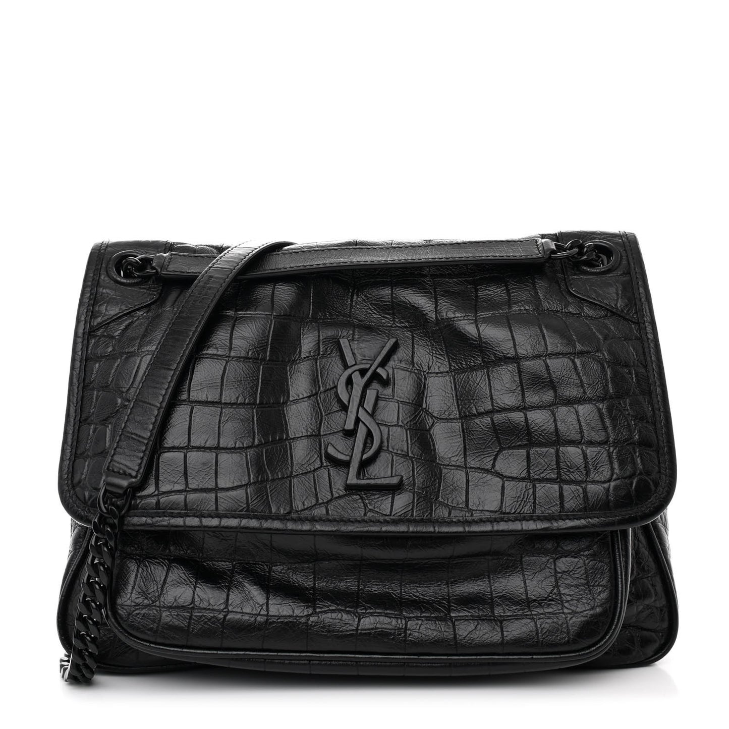 Crocodile Embossed Lambskin Monogram Medium Niki Chain Satchel Black