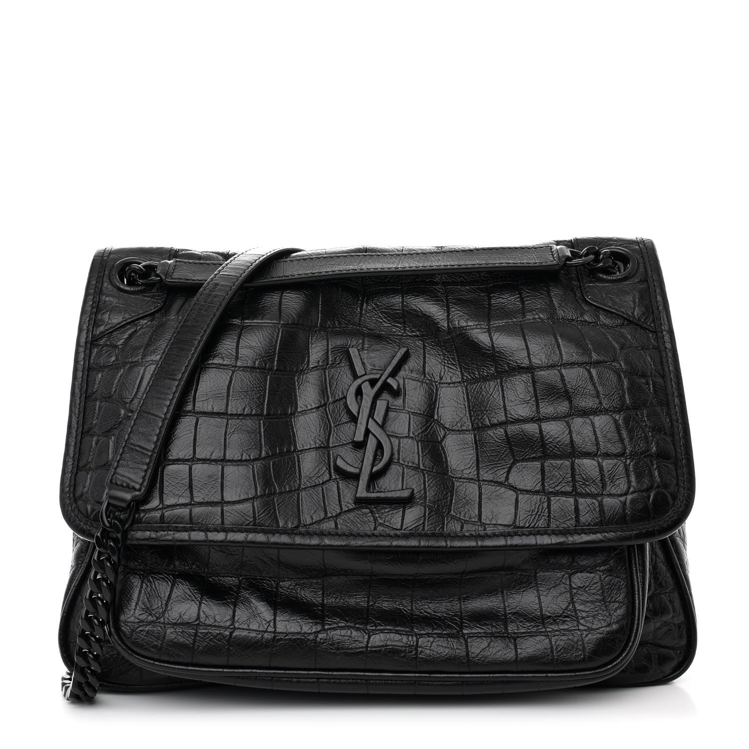 Saint Laurent Crocodile Embossed Lambskin Monogram Medium Niki Chain Satchel Black 1 of 10