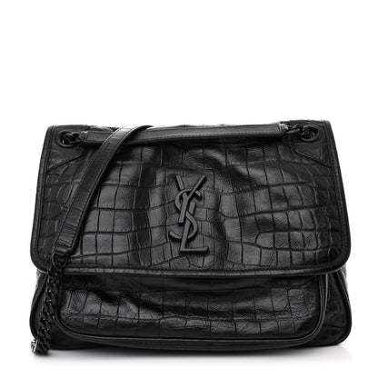 Saint Laurent Crocodile Embossed Lambskin Monogram Medium Niki Chain Satchel Black 1 of 10