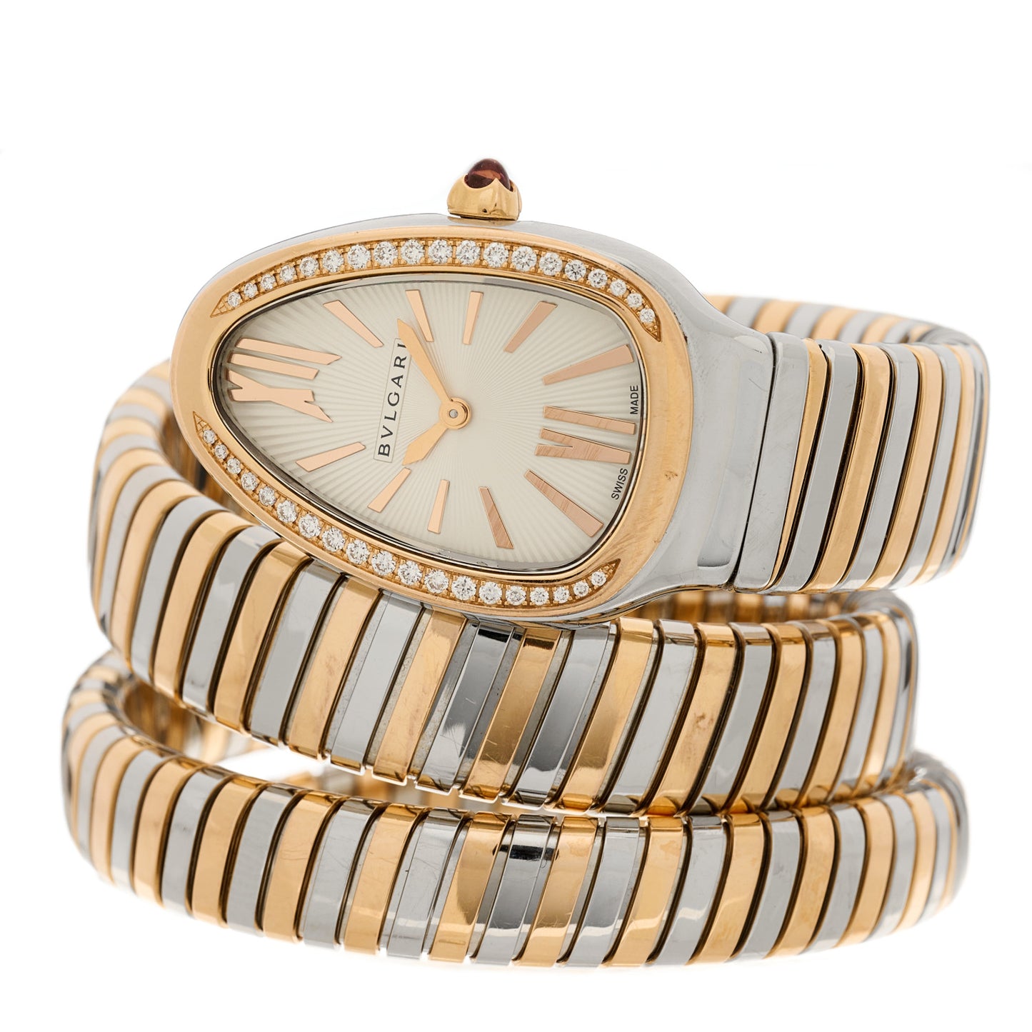 Stainless Steel 18K Rose Gold Diamond Bezel 35mm Serpenti Tubogas Double Spiral Quartz Watch