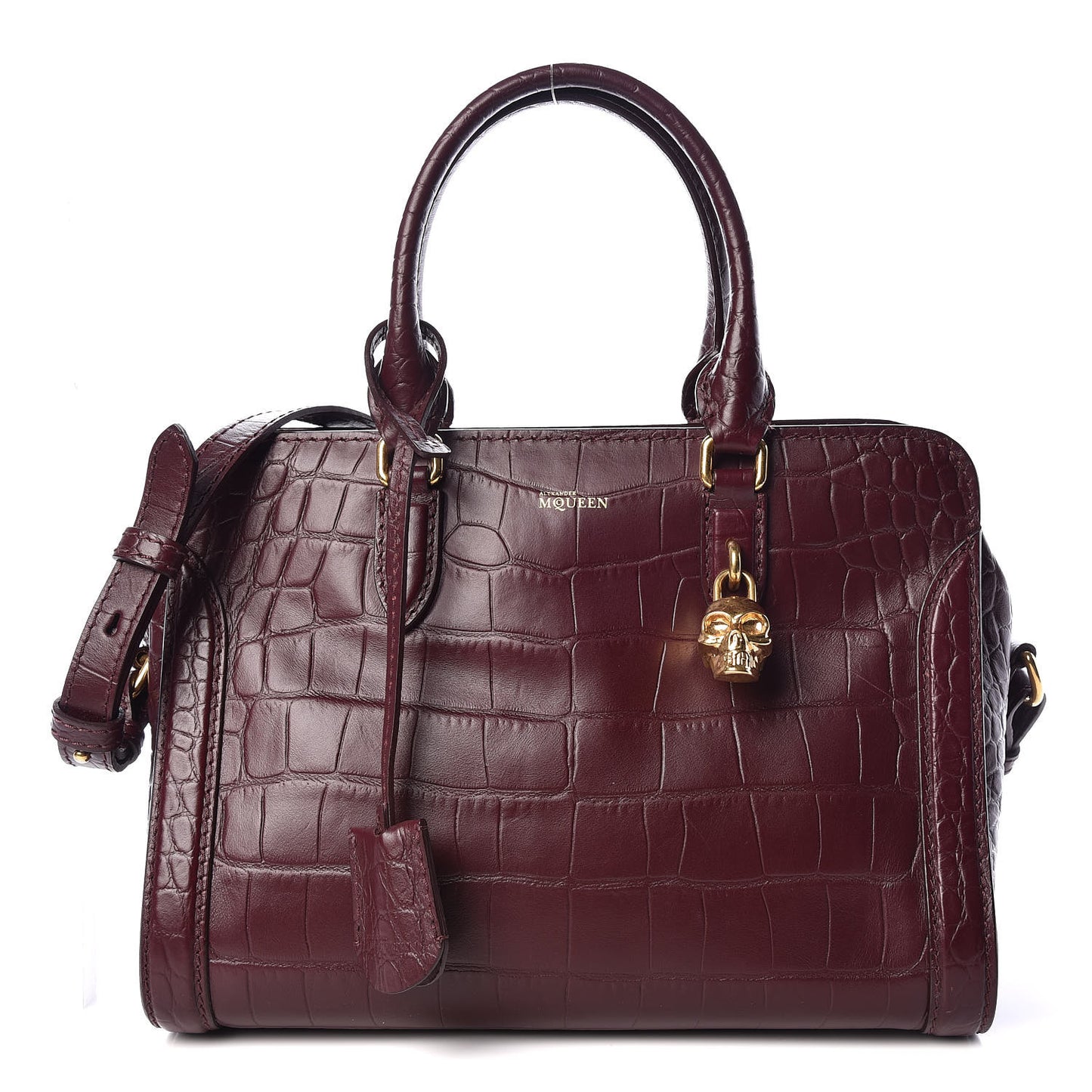 Calfskin Crocodile Embossed Small Skull Padlock Zip Around Tote Bordeaux