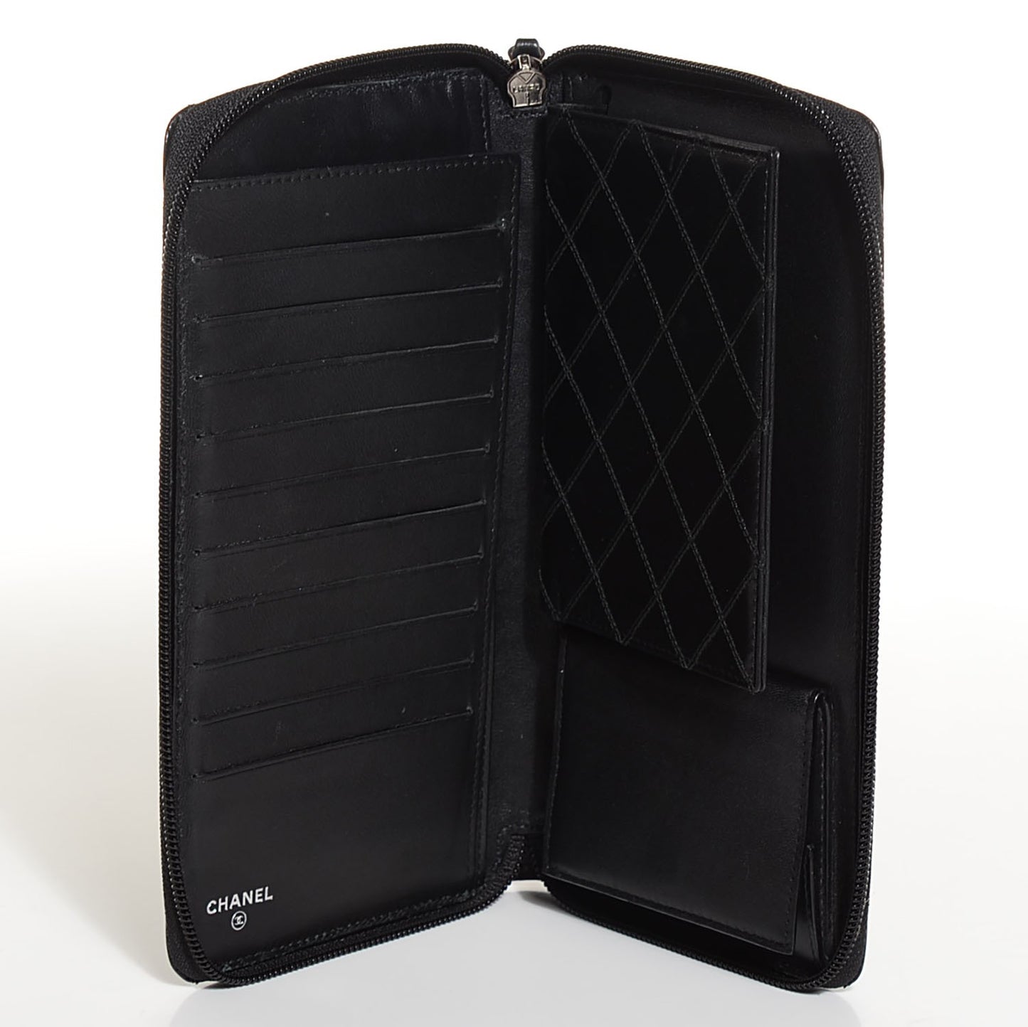 Lambskin Diamond Stitched Large Zip Around Wallet Black