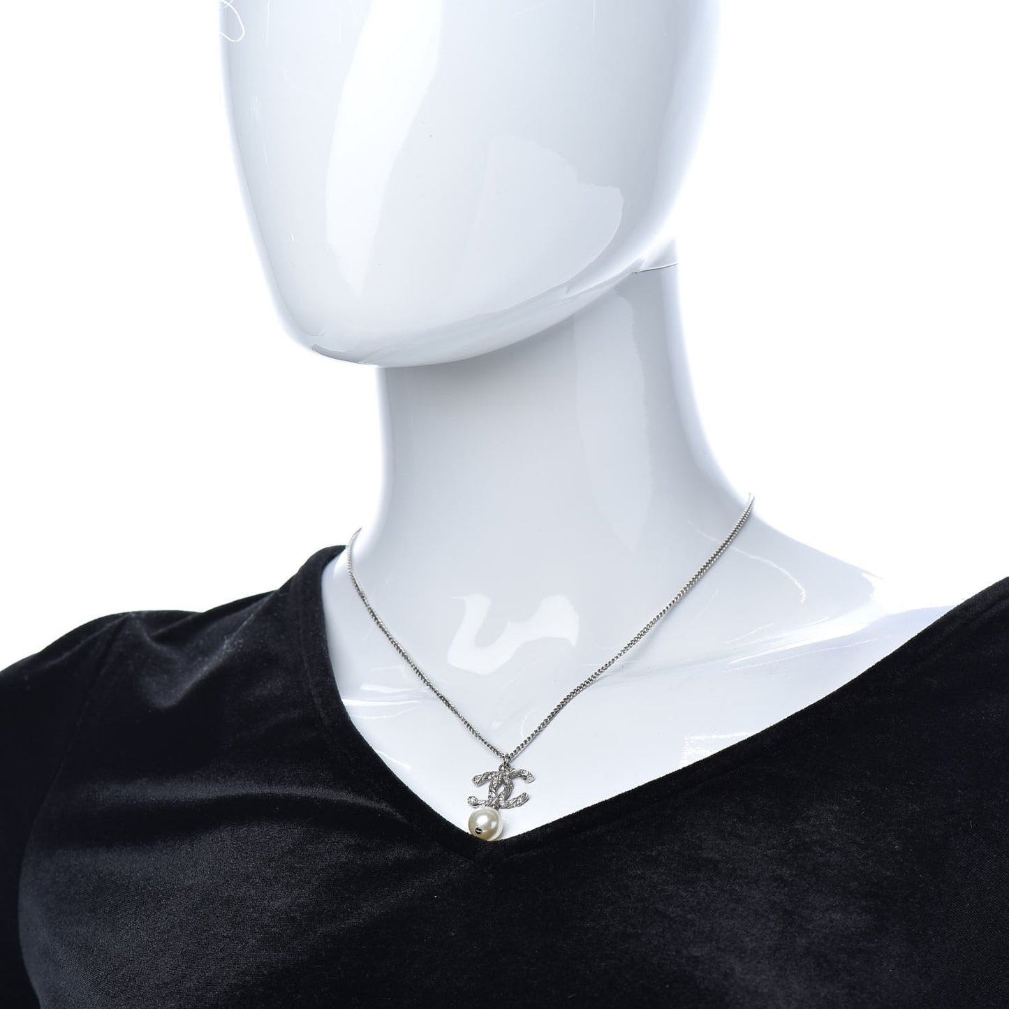 Crystal Pearl Twisted CC Drop Necklace Silver