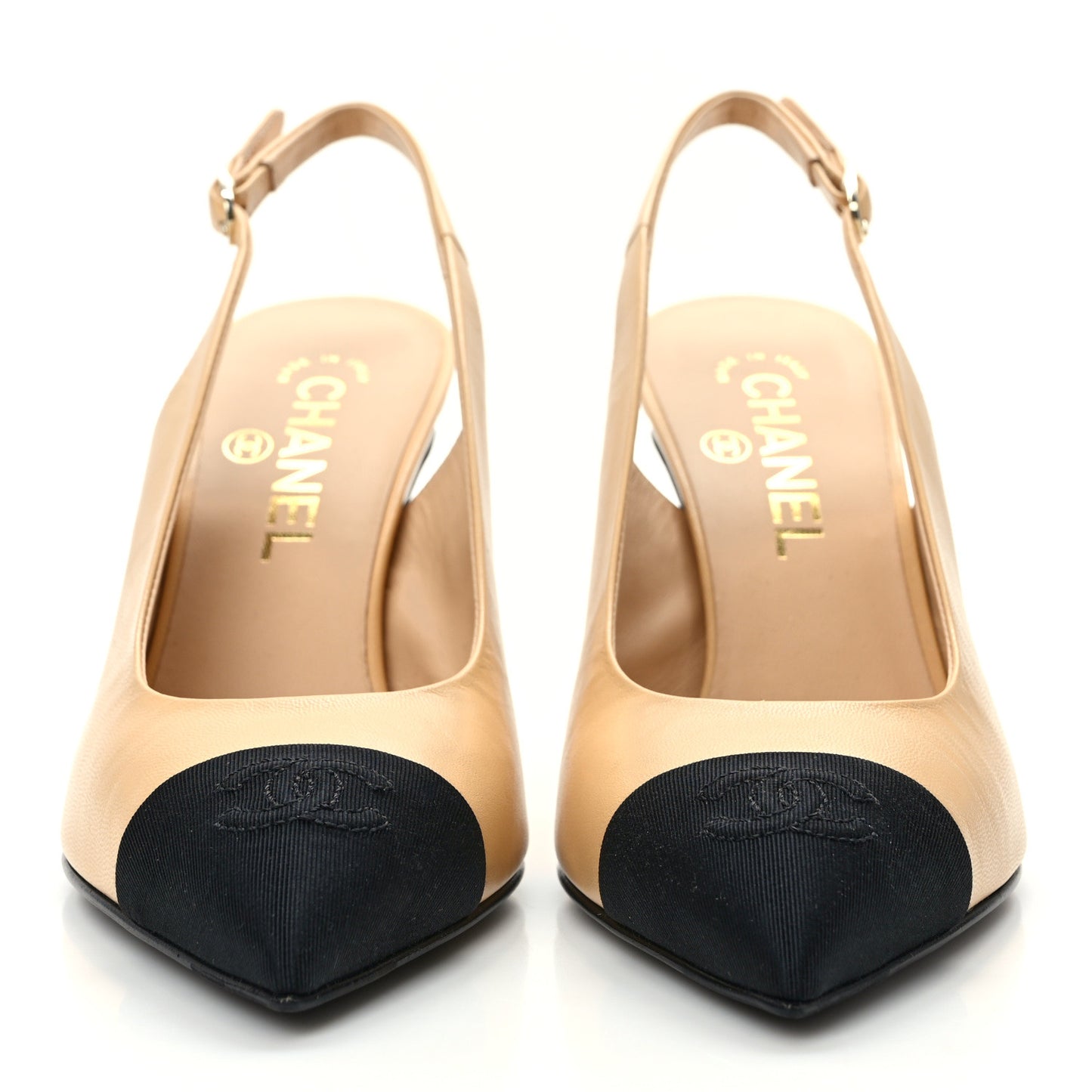 Goatskin Grosgrain Pointed Cap Toe CC Slingback Pumps 37 Beige Black