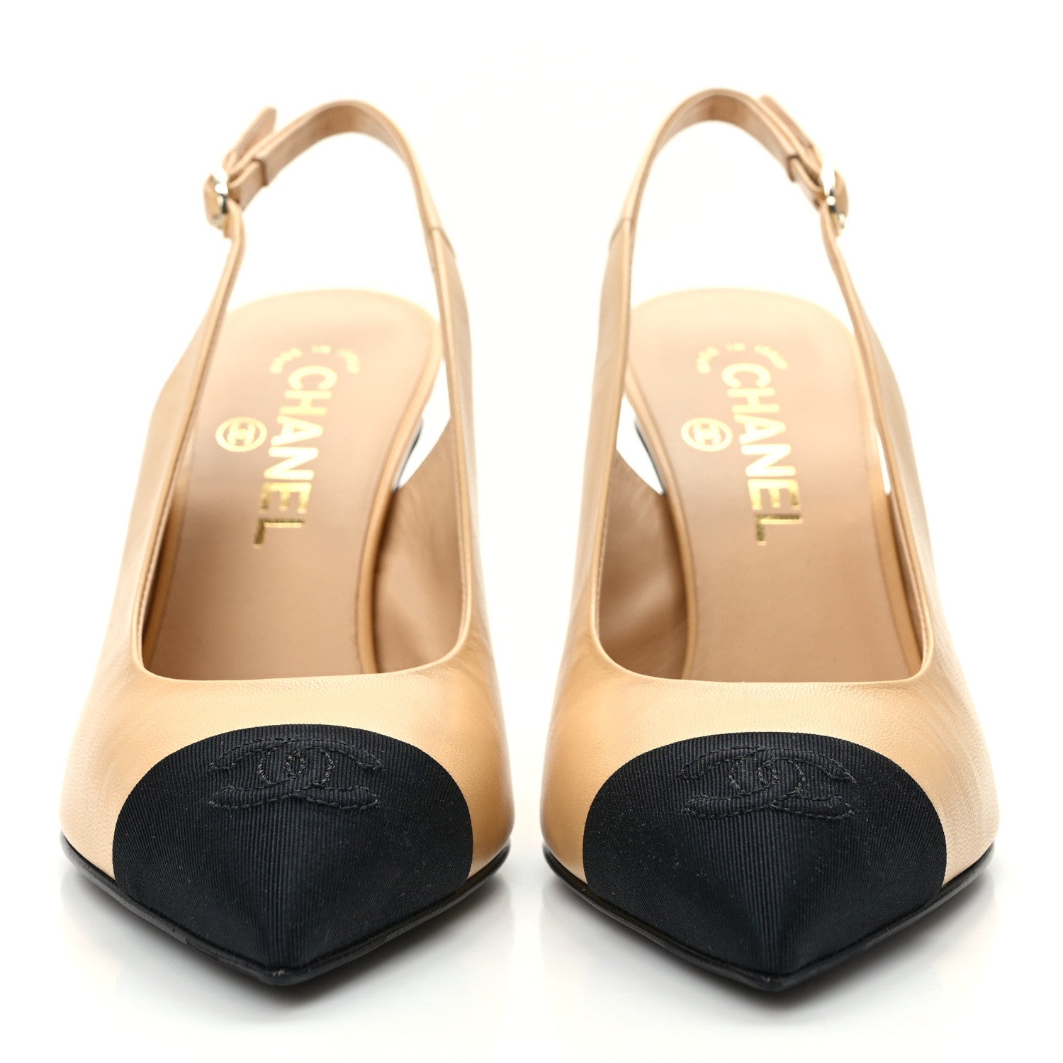 Chanel Goatskin Grosgrain Pointed Cap Toe CC Slingback Pumps 37 Beige Black 2 of 9