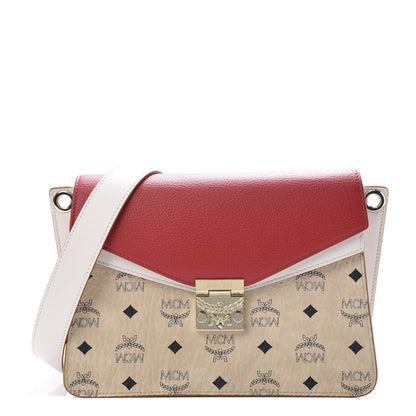 MCM Visetos Calfskin Colorblock Mezzanin Shoulder Bag Beige Ruby Red 1 of 11