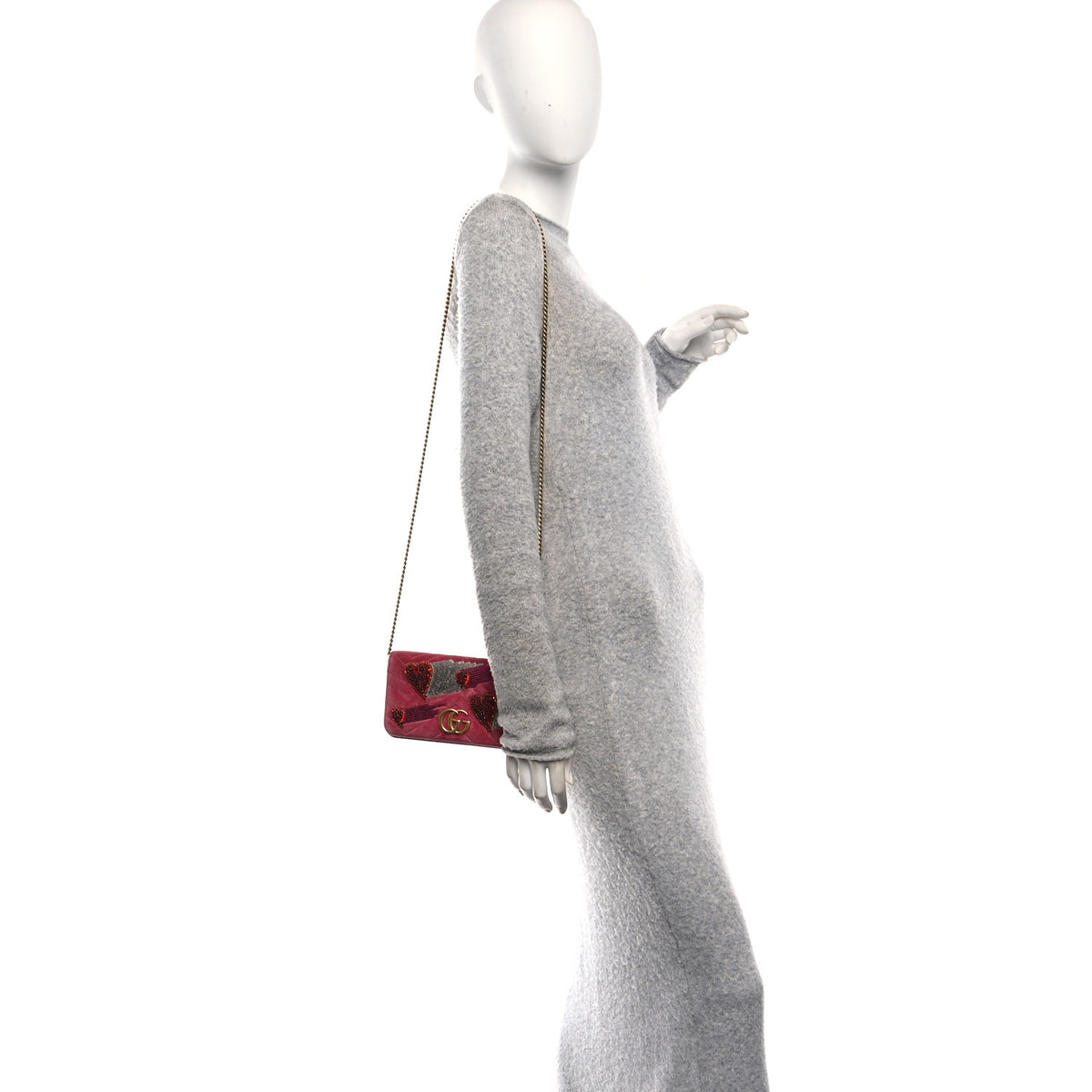 Gucci Velvet Matelasse Crystal Sequin Heart Embroidered GG Marmont Mini Bag Light Raspberry Rose 2 of 11