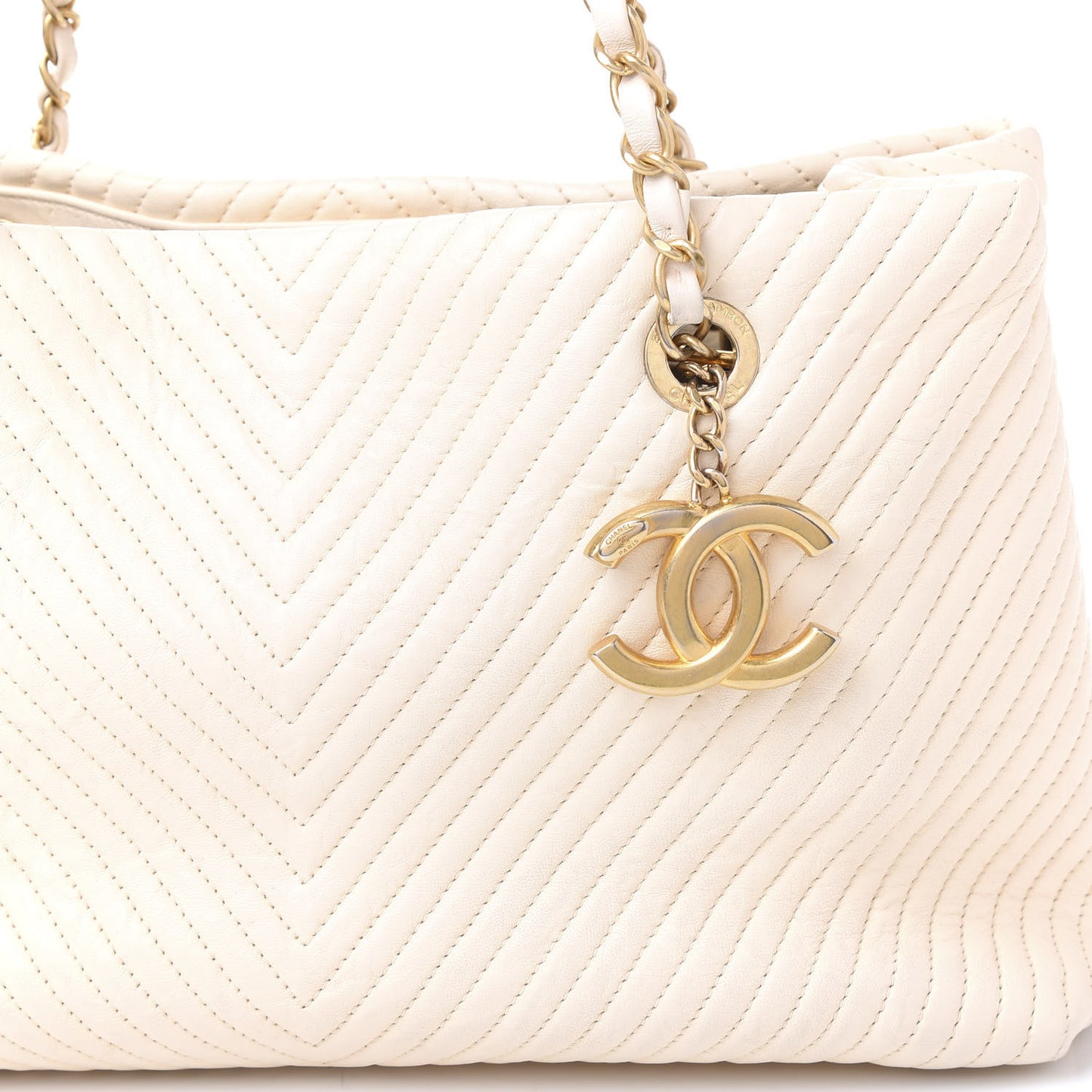 Wrinkled Lambskin Chevron Quilted Surpique Tote White