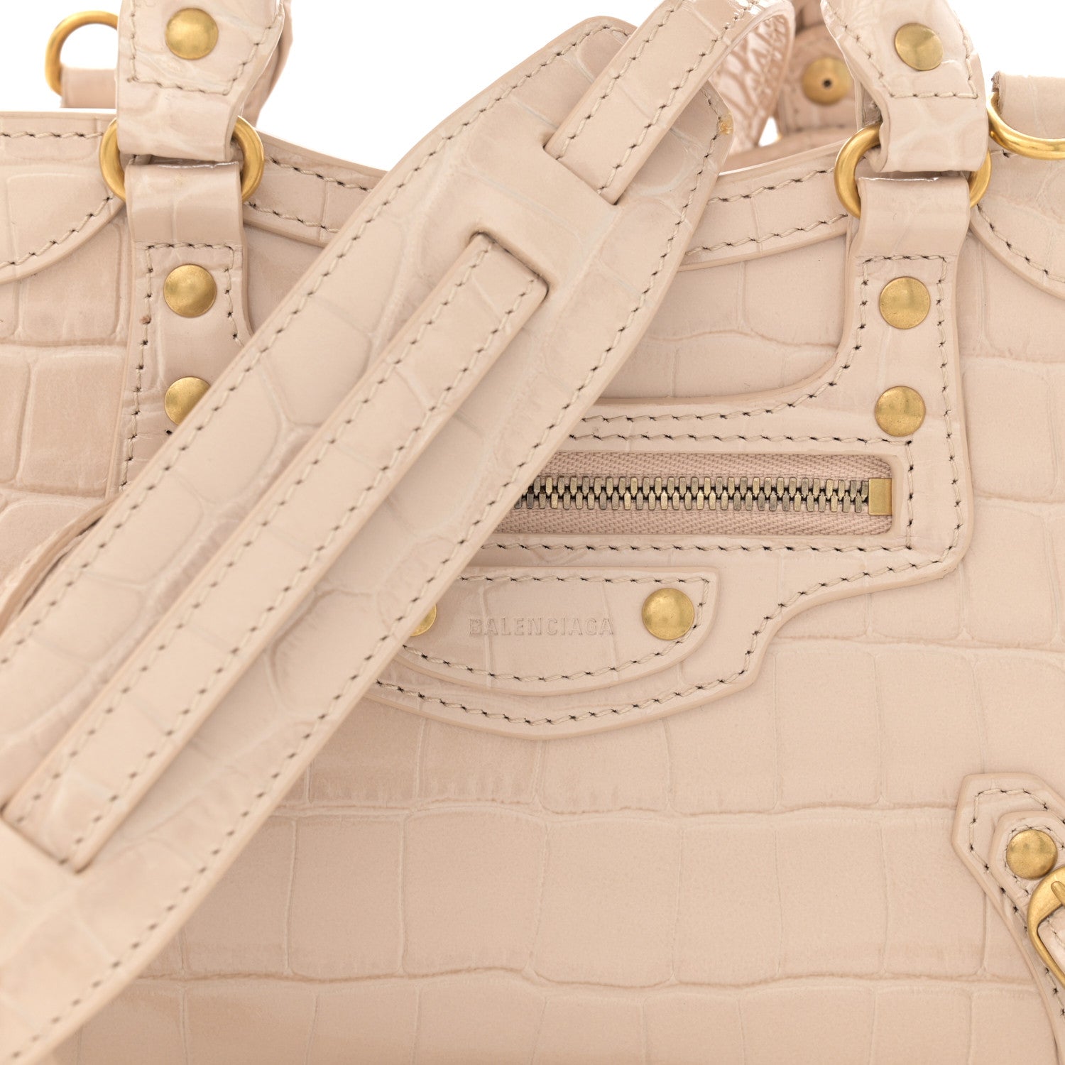 Balenciaga Shiny Supple Calfskin Crocodile Embossed Neo Classic Gold Hardware Mini City Light Beige 8 of 13