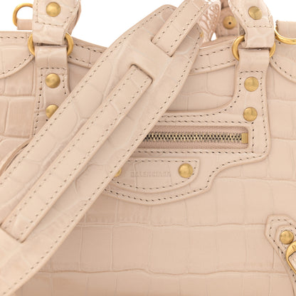 Balenciaga Shiny Supple Calfskin Crocodile Embossed Neo Classic Gold Hardware Mini City Light Beige 8 of 13