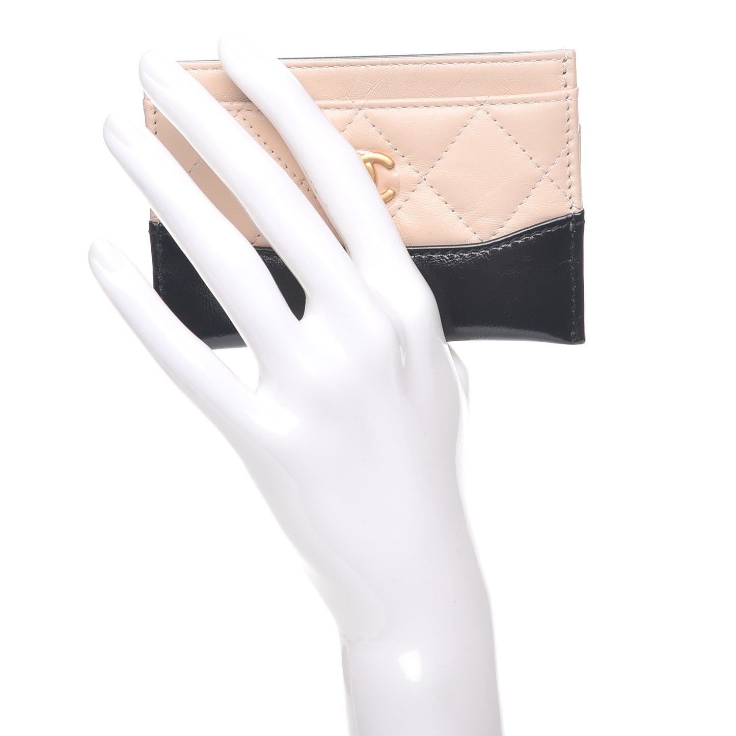 Aged Calfskin Quilted Gabrielle Card Holder Wallet Beige Black
