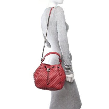 Chanel Deerskin Chevron Quilted Medium CC Chain Bucket Drawstring Bag Red 2 of 12