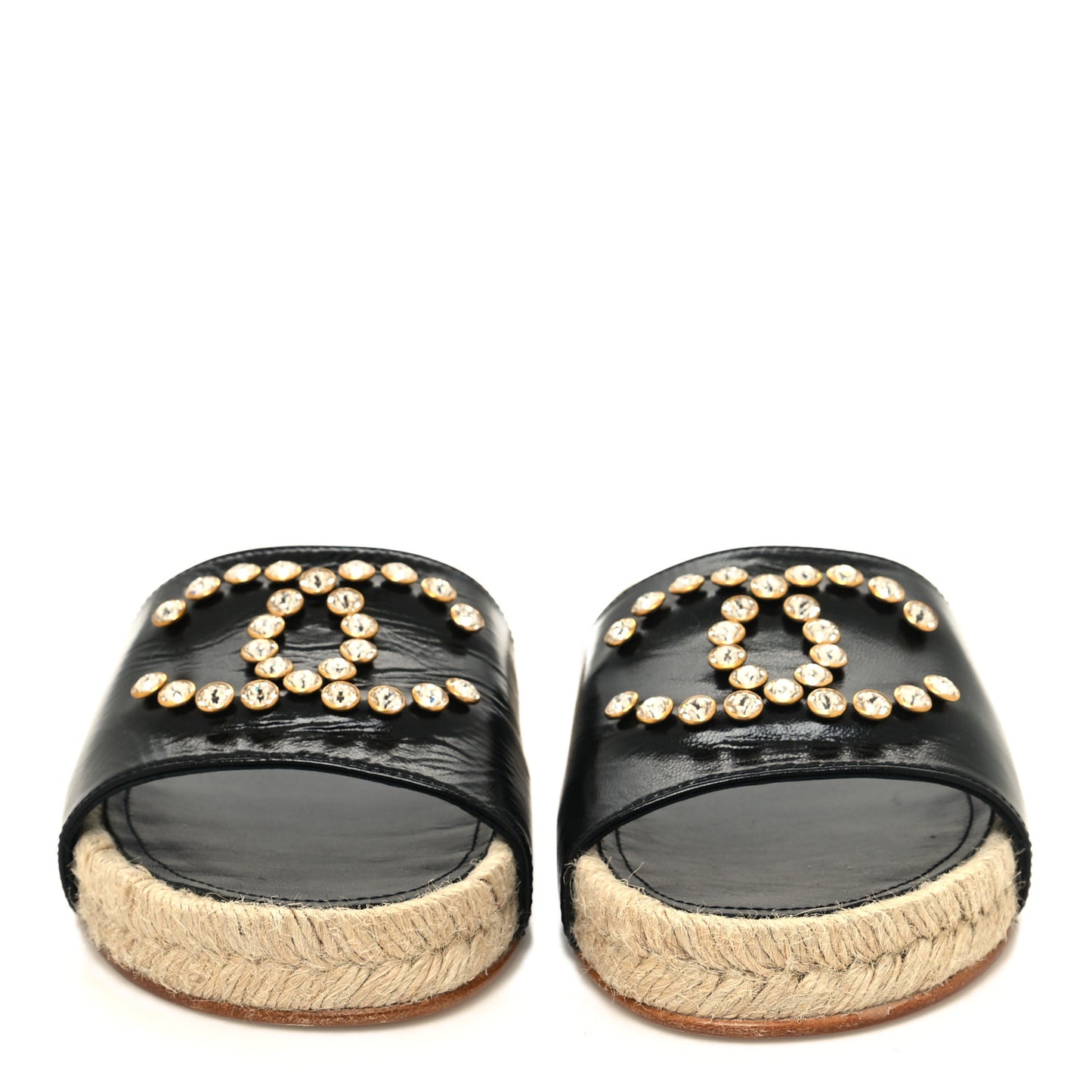 Patent Calfskin Crystal CC Espadrille Slip On Sandals 38 Black