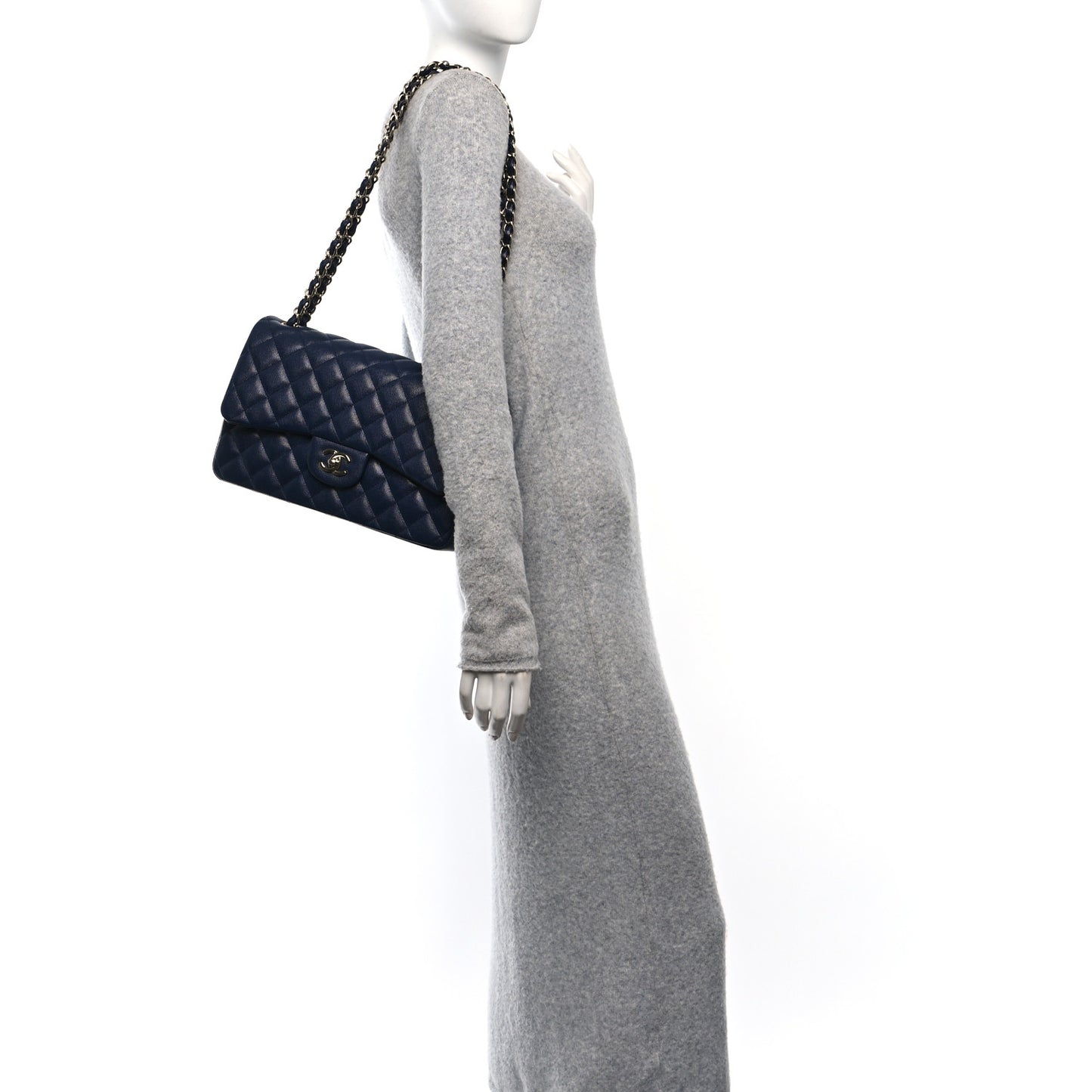 Caviar Quilted Jumbo Double Flap Navy Blue