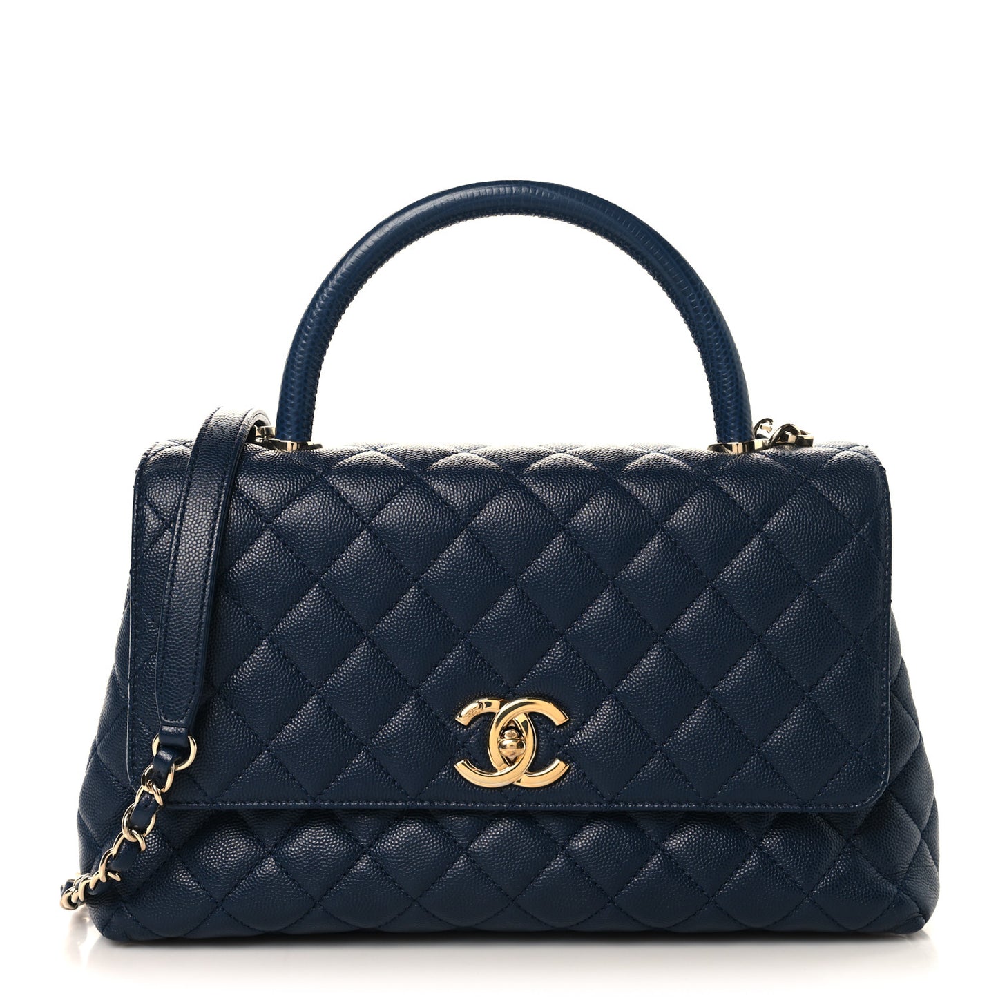 Caviar Lizard Embossed Quilted Small Coco Handle Flap Navy Blue